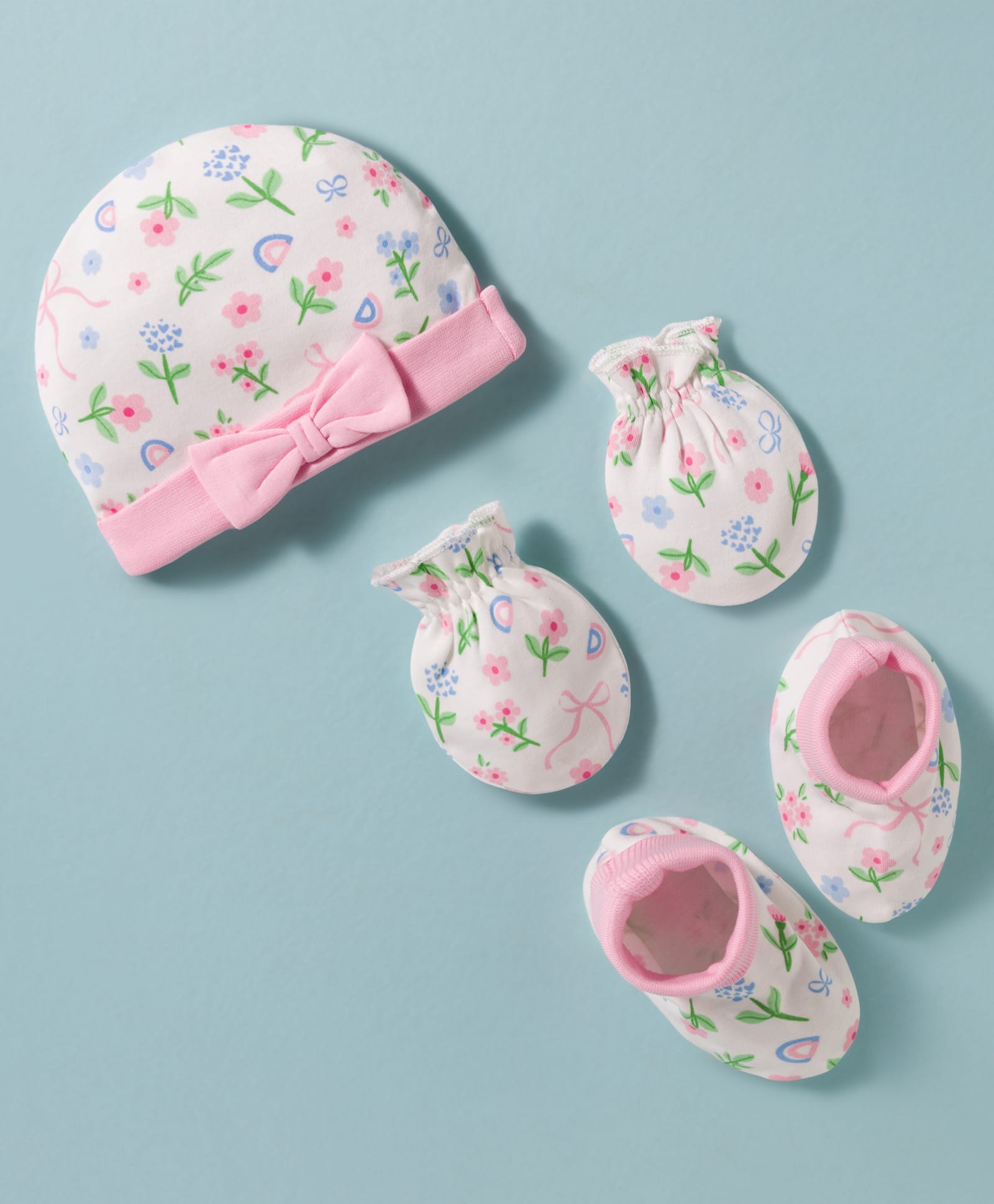 Babyhug 100% Cotton Knit Cap, Mittens & Booties Set with Floral Print White & Pink - Diameter 15.5 cm-image-37