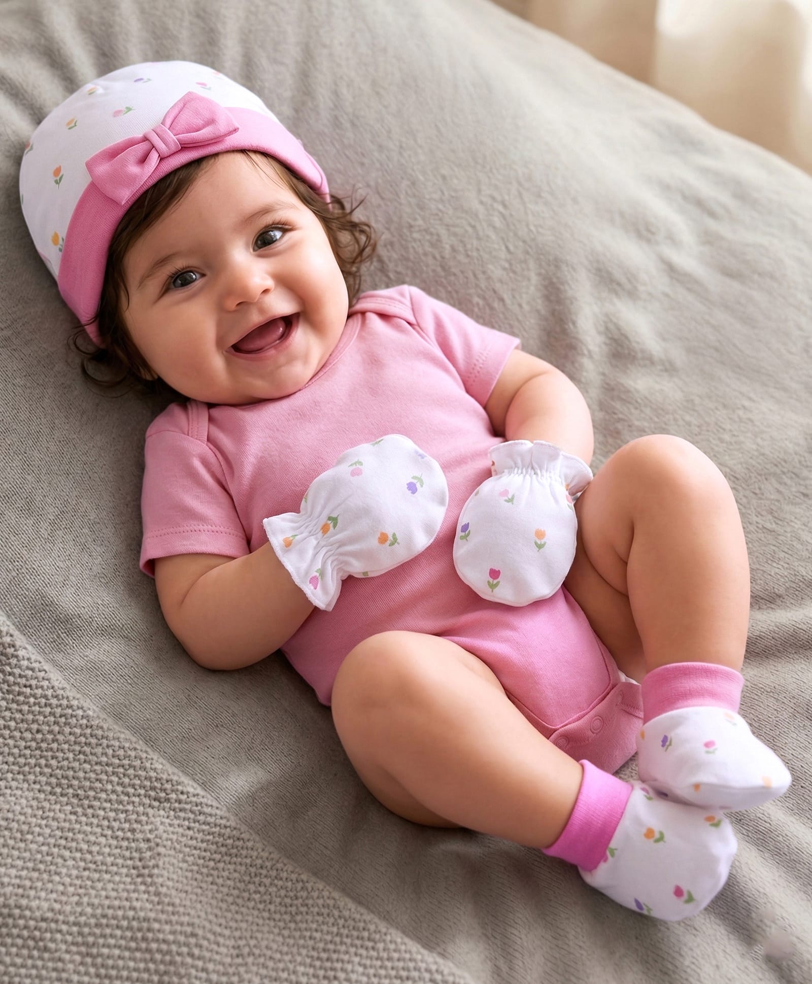 Babyhug 100% Cotton Knit Cap, Mittens & Booties Set with Bow Applique Floral Print White & Pink - Diameter 10.5 cm-image-18