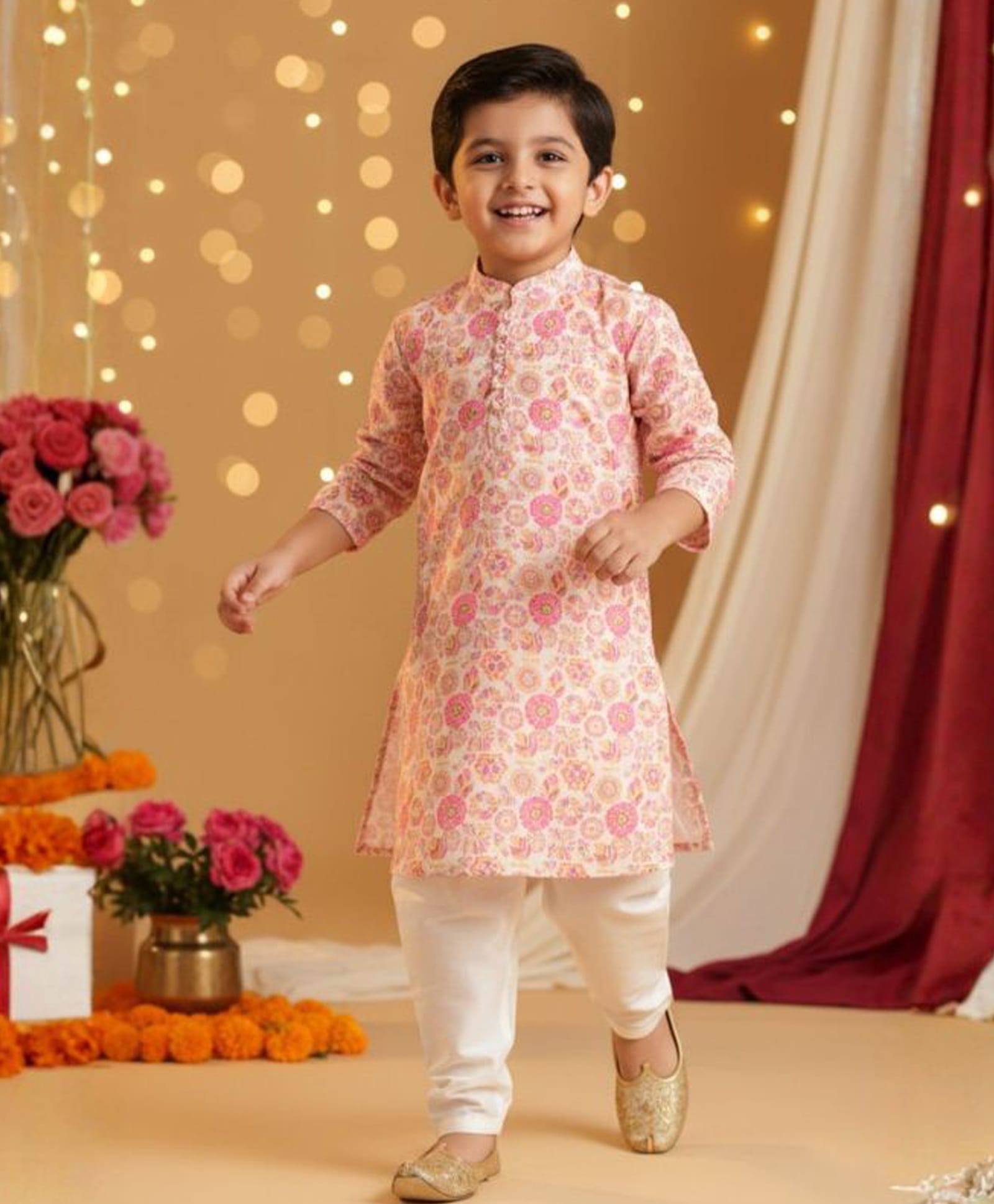 Peekaaboo Kids Cotton Woven Floral Printed Kurta & Pyjama Set - Pink-image-0