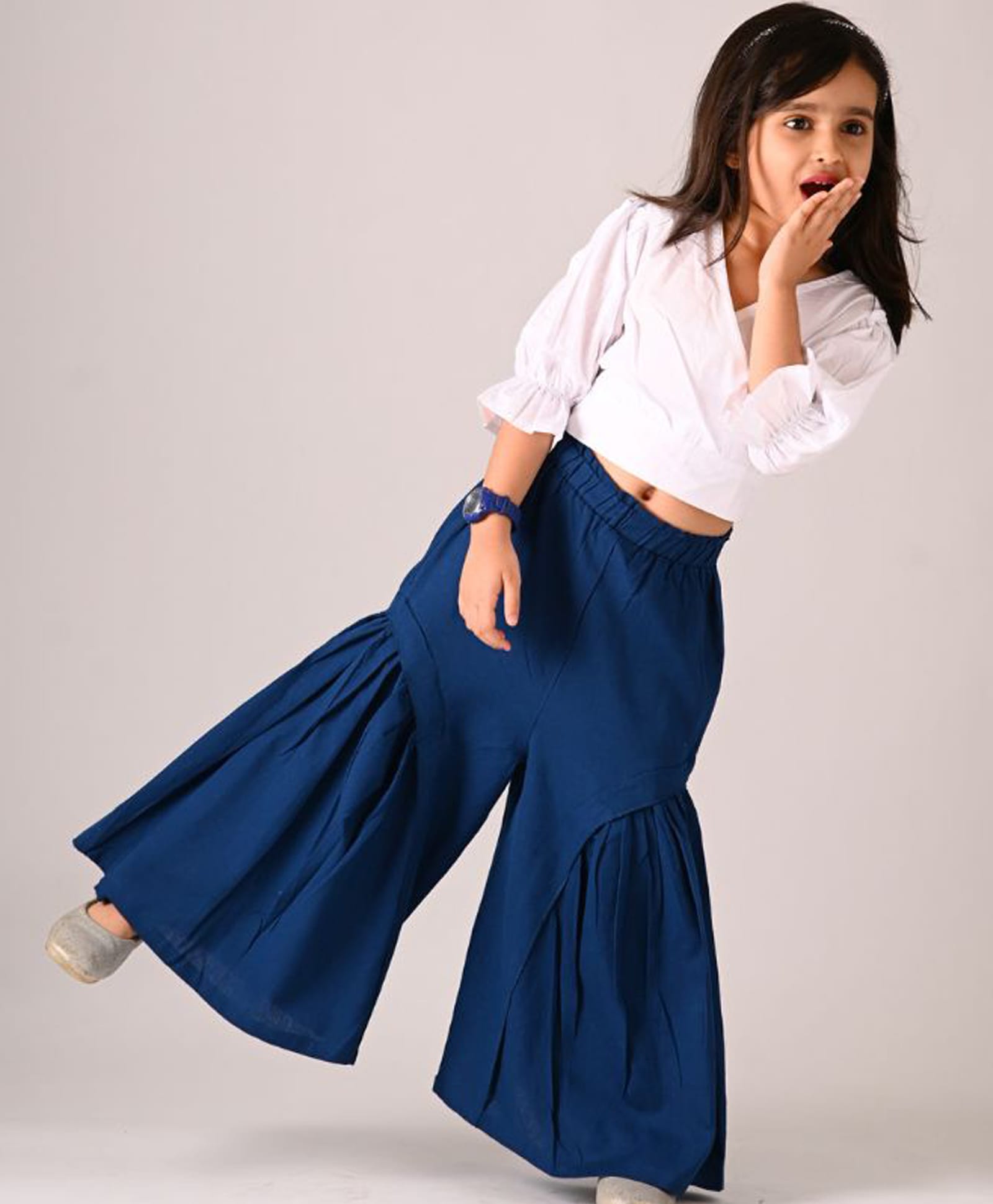 Peekaaboo Kids Pure Cotton Woven Three Fourth Peasant Sleeves Solid Crop Top & Flared Pants Set - Teal Blue-image-7