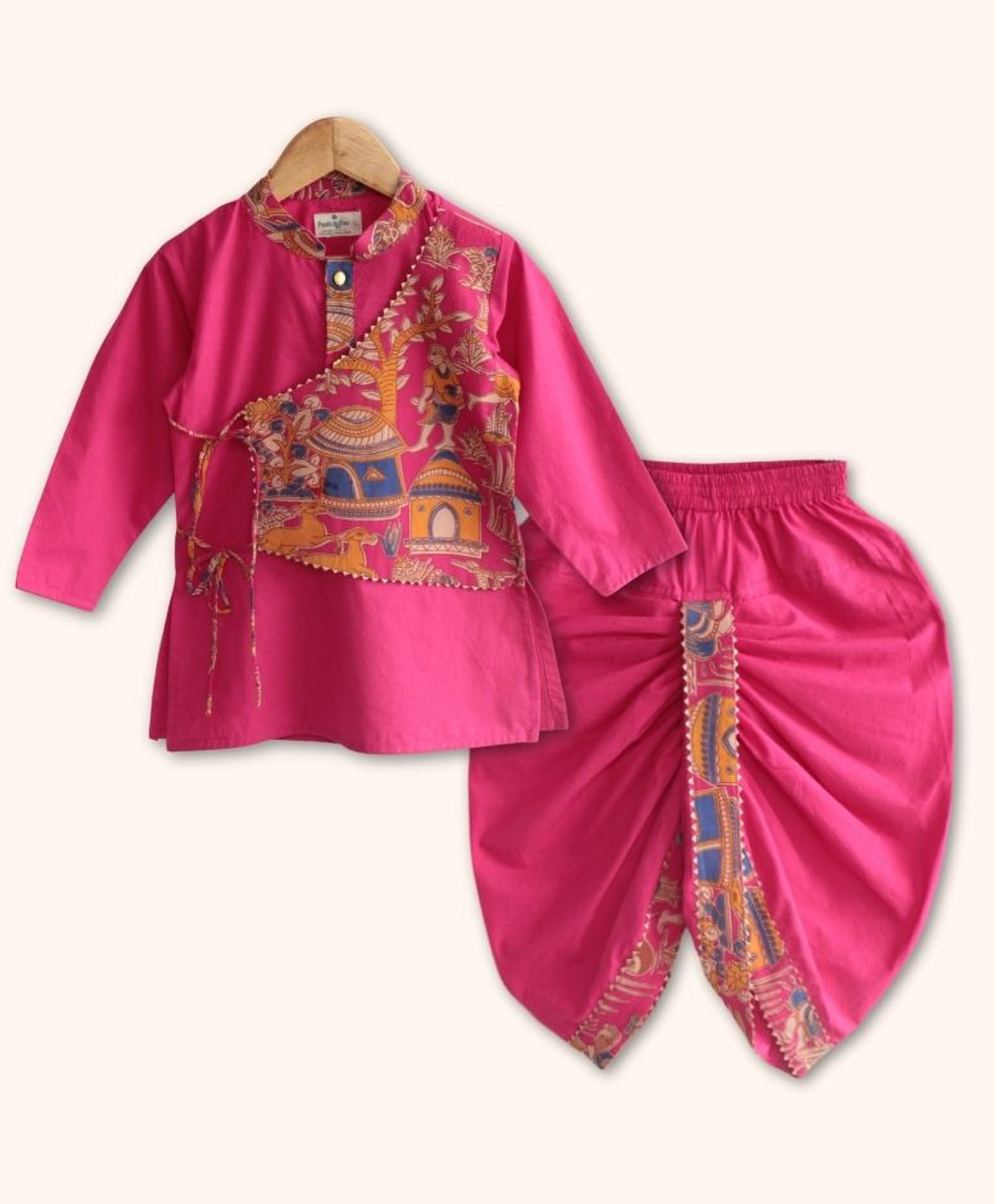 Peekaaboo Kids Pure Cotton Woven Full Sleeves Ethnic Printed Kurta & Dhoti Set - Pink-image-24