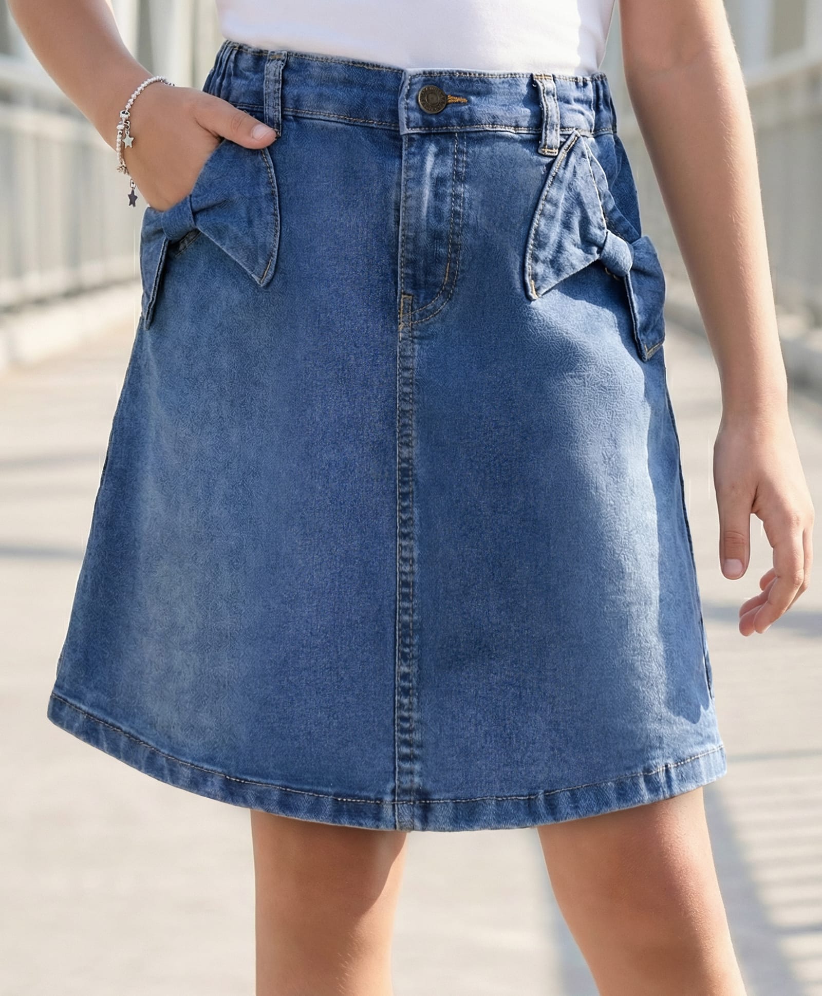 Arias Woven Washed Denim Skirt with Bow Applique - Blue-image-29