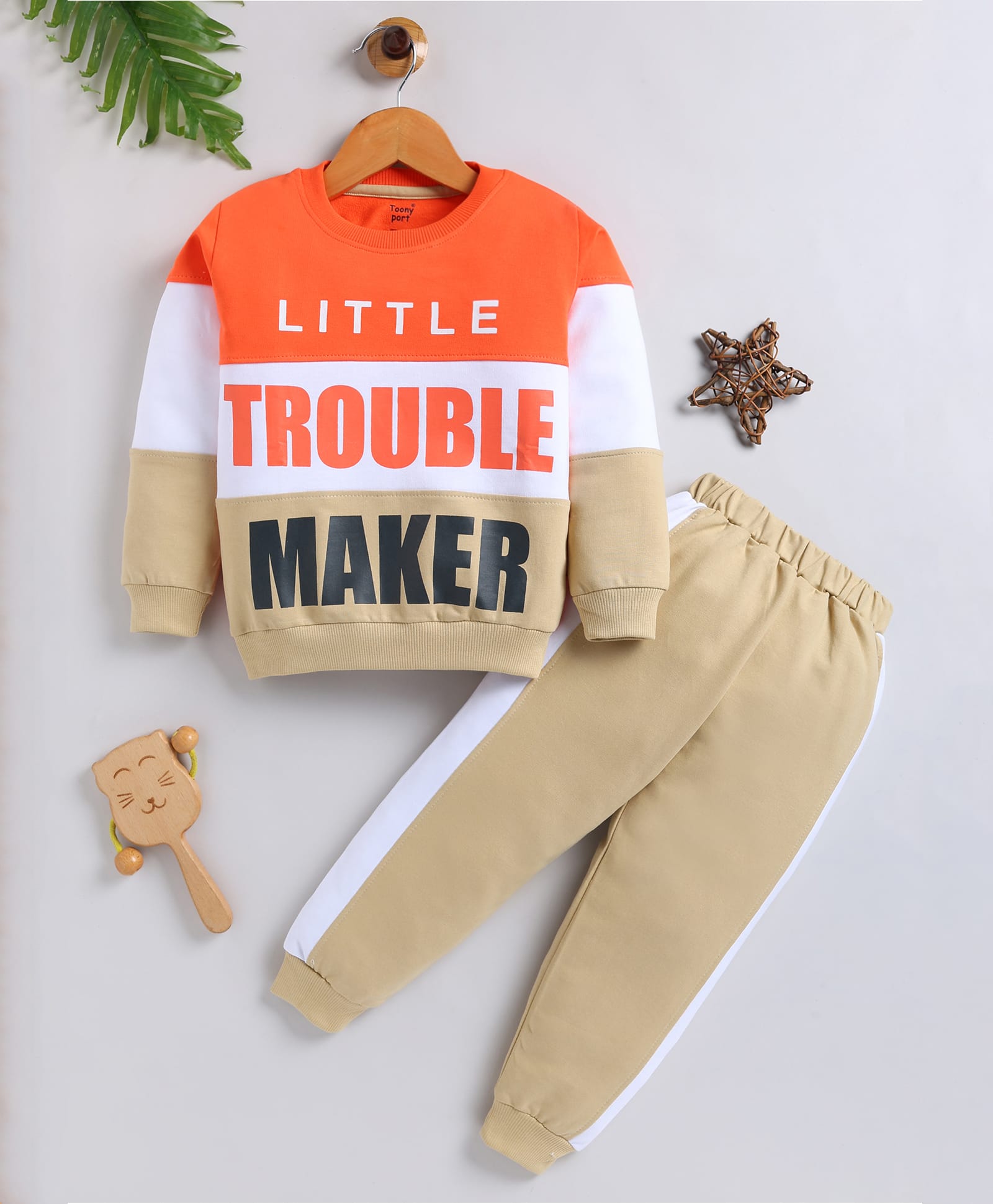 TOONYPORT Cotton Blend Knit Full Sleeves Little Trouble Maker Text Printed Light Winter Sweatshirt & Jogger Set - Multi Colour-picture-19
