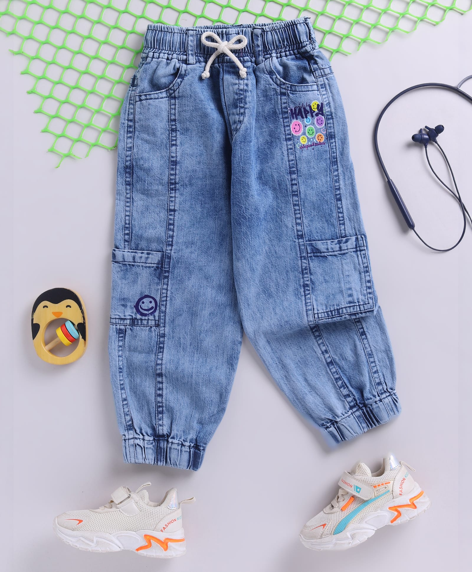 TOONYPORT Denim Woven Smiley Printed Pocket Detailed Jeans - Blue-image-46