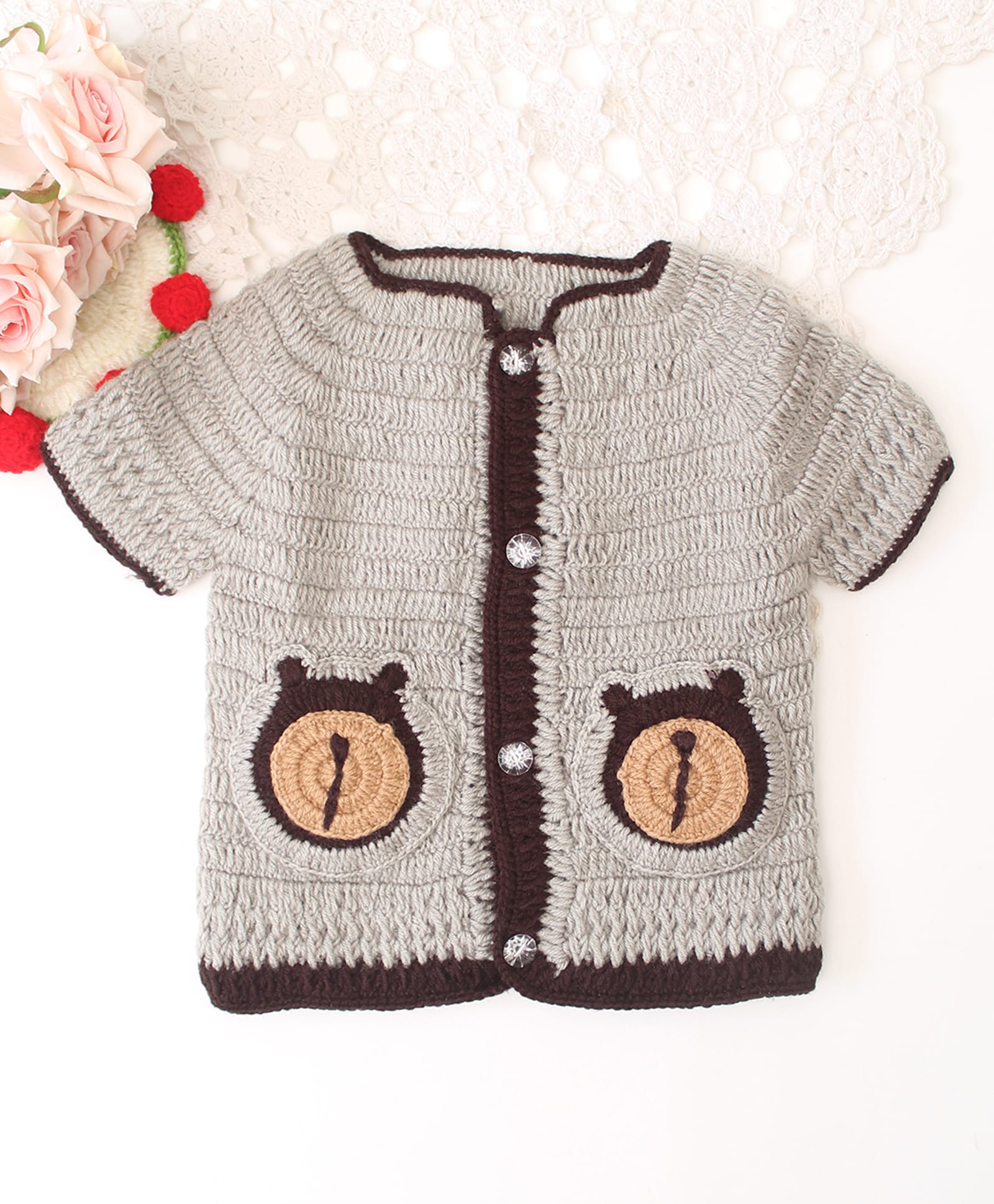 Woonie Hand Knitted Half Sleeves Bear Designed Pocket Detailed Sweater - Grey-image-22