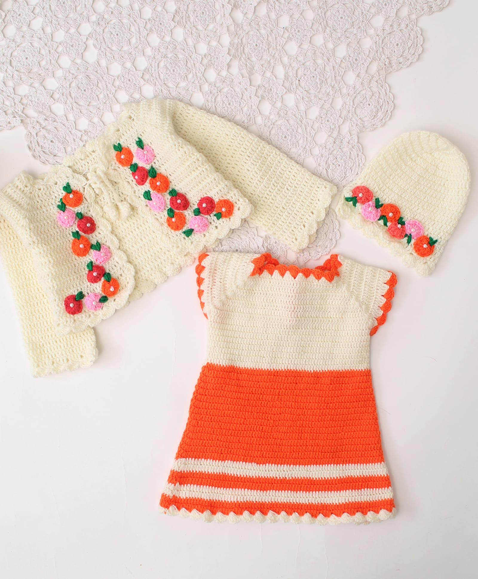 Woonie Handknitted Dress with Full Sleeves Floral Applique Detailed & Pearl Embellished Shrug With Cap - Orange-image-21