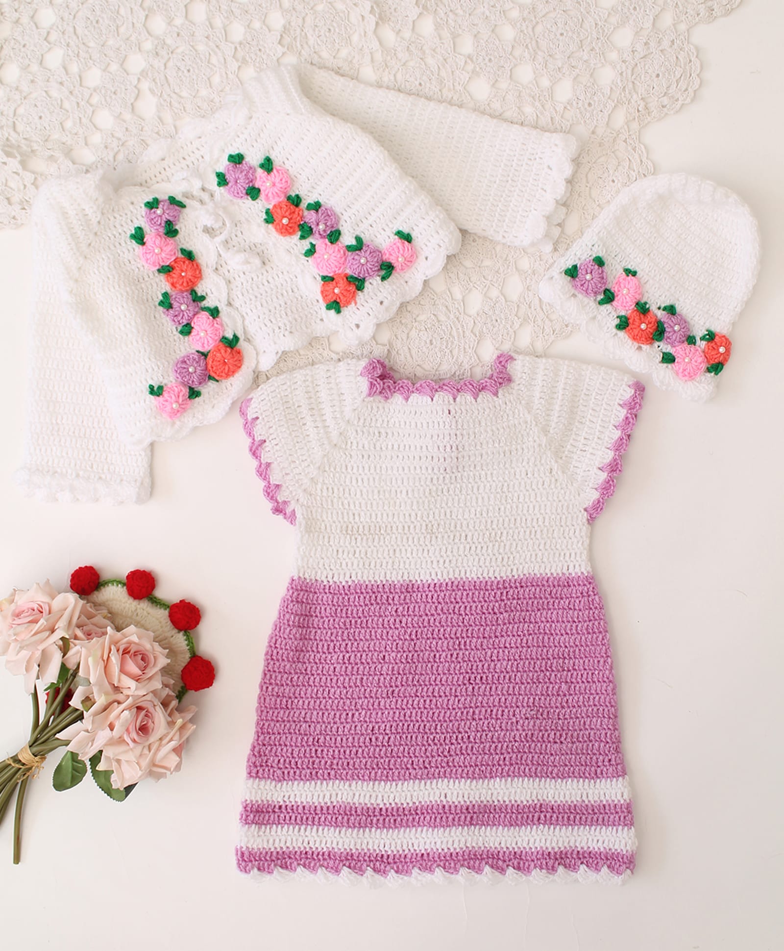 Woonie Handknitted Dress with Full Sleeves Floral Applique Detailed & Pearl Embellished - Woonie Knit Dress with Full Sleeves Floral Applique Detailed & Pearl Embellished Shrug With Cap - Lavender-image-42