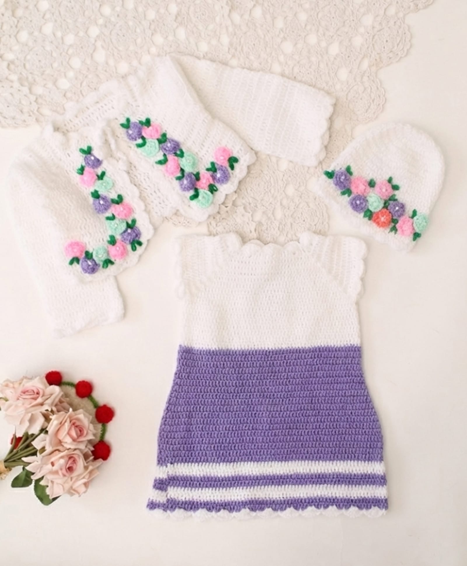Woonie Handknitted Dress with Full Sleeves Floral Applique Detailed & Pearl Embellished Shrug With Cap - Purple-image-48