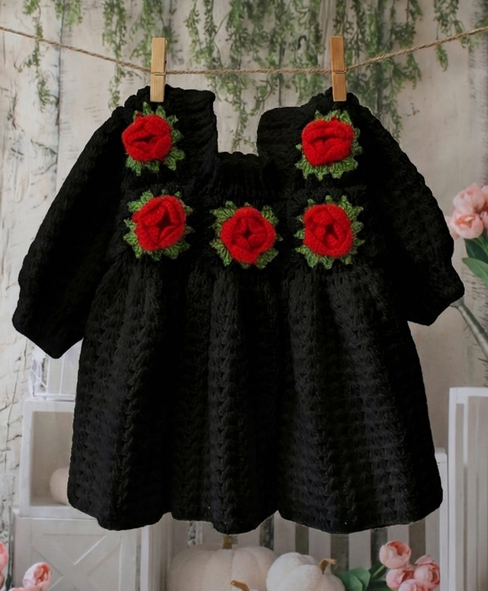 Woonie Handknitted Full Sleeves Rose Applique Detailed Dress - Black-image-36