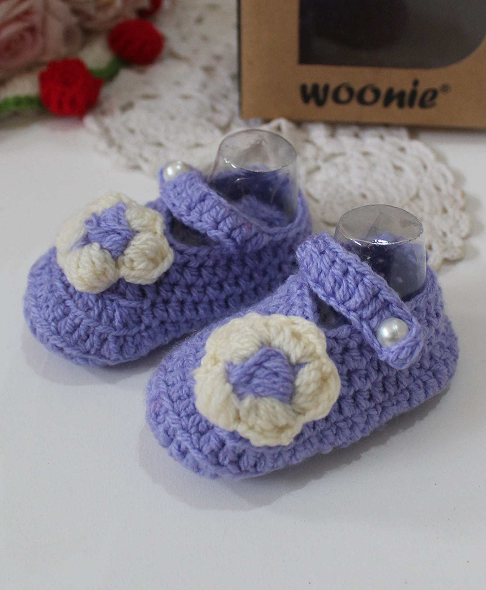 Woonie Hand Knitted Floral Applique Detailed Crochet Booties - Purple-image-18
