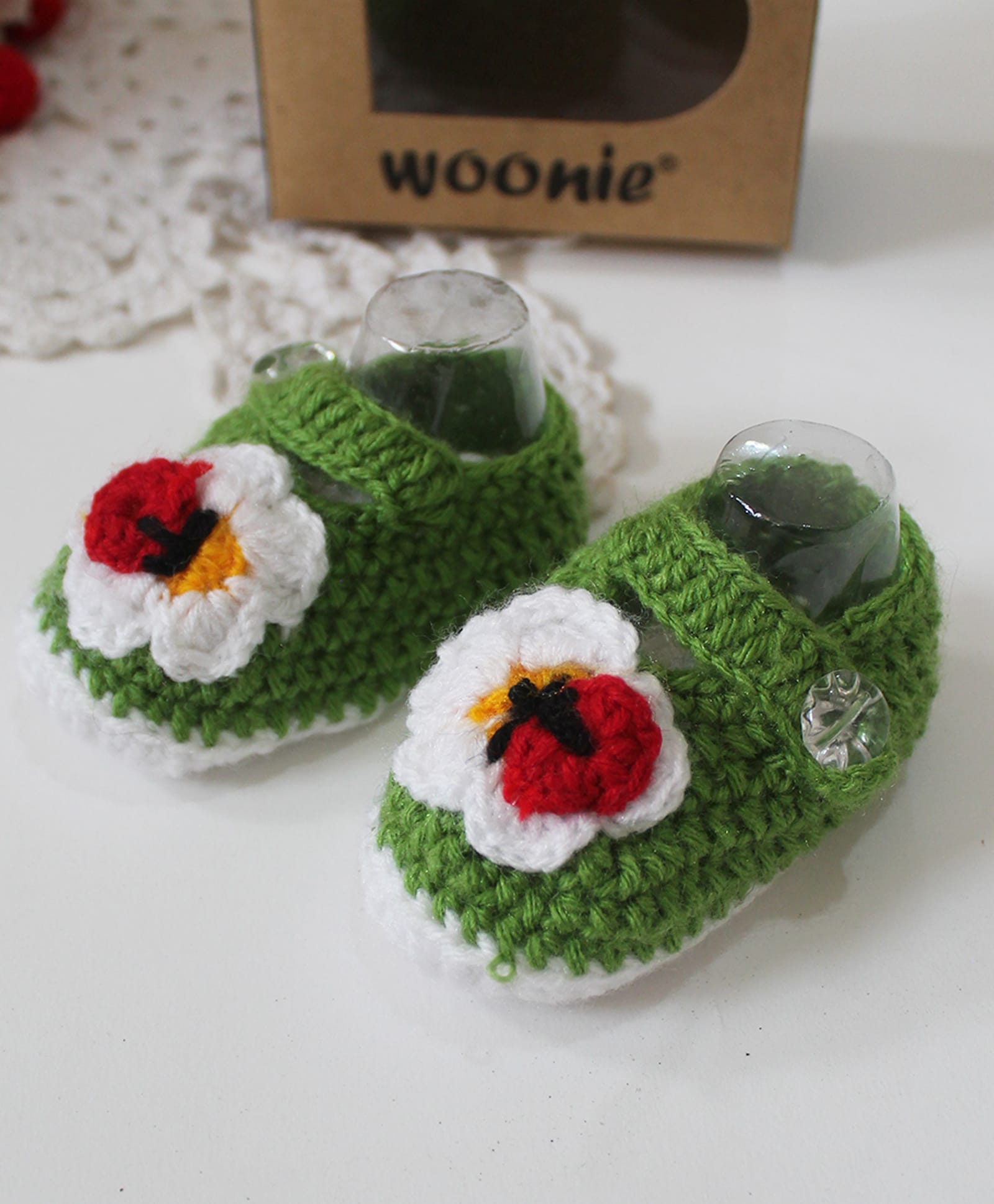 Woonie Hand Knitted Floral Applique Detailed Crochet Booties - Green-picture-28