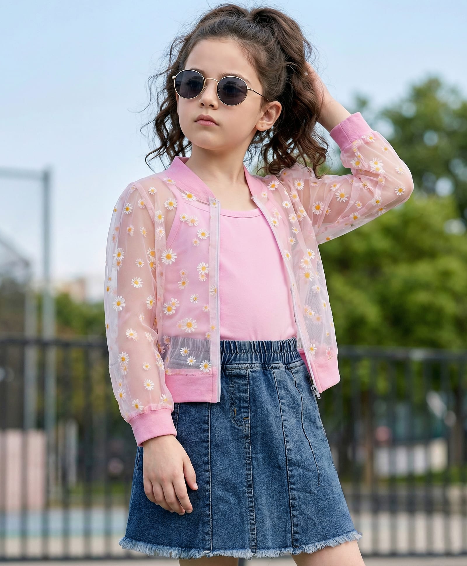 OLLINGTON ST. Printed Full Sleeves Jacket & Denim Skirt With Inner Tee - Pink & Blue