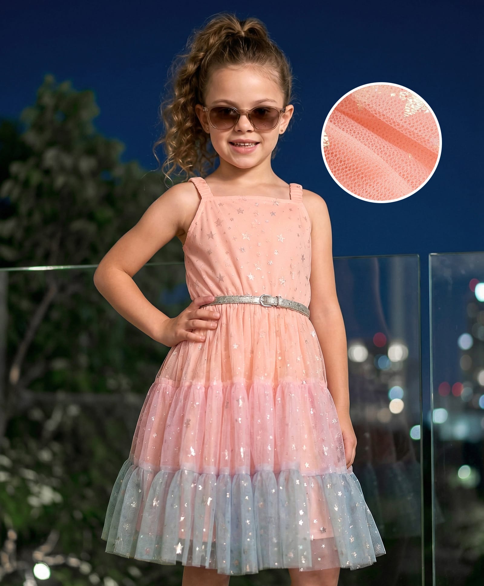 Hola Bonita Knit Sleeveless Mesh Foil Printed Tiered Party Dress with Belt - Multicolor-image-36