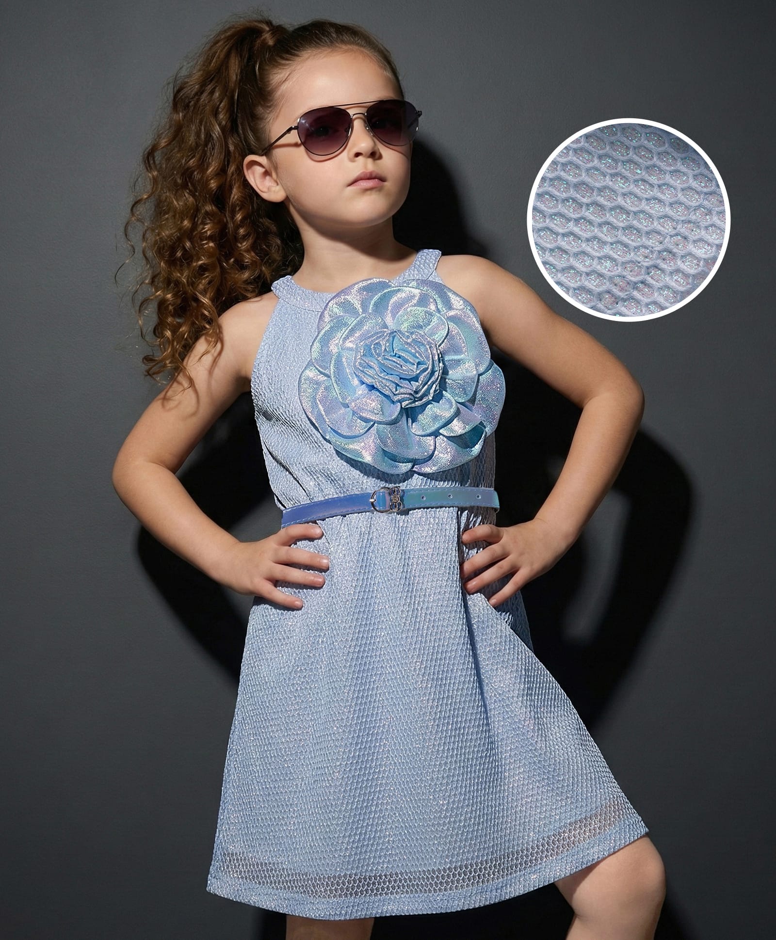 Hola Bonita Knit Sleeveless Structured Shimmer Party Dress With Floral Applique & Belt - Blue-image-34