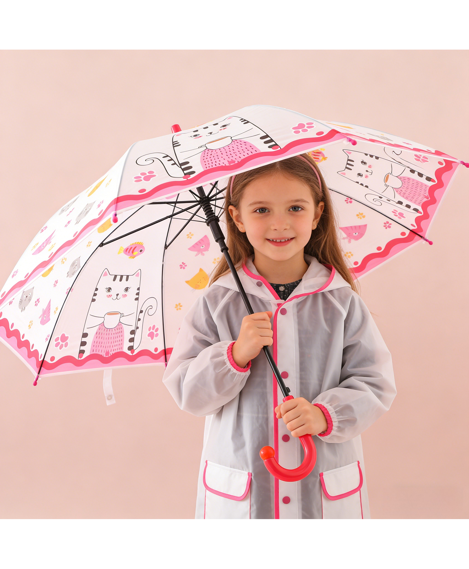Babyhug Free Size Umbrella with Kitty Print - Fuchsia