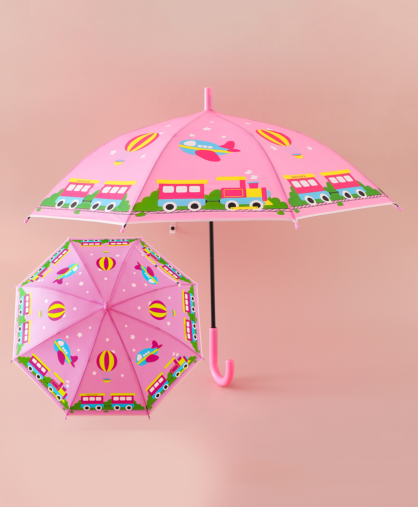 Babyhug Free Size Umbrella with Train Print - Pink-picture-37