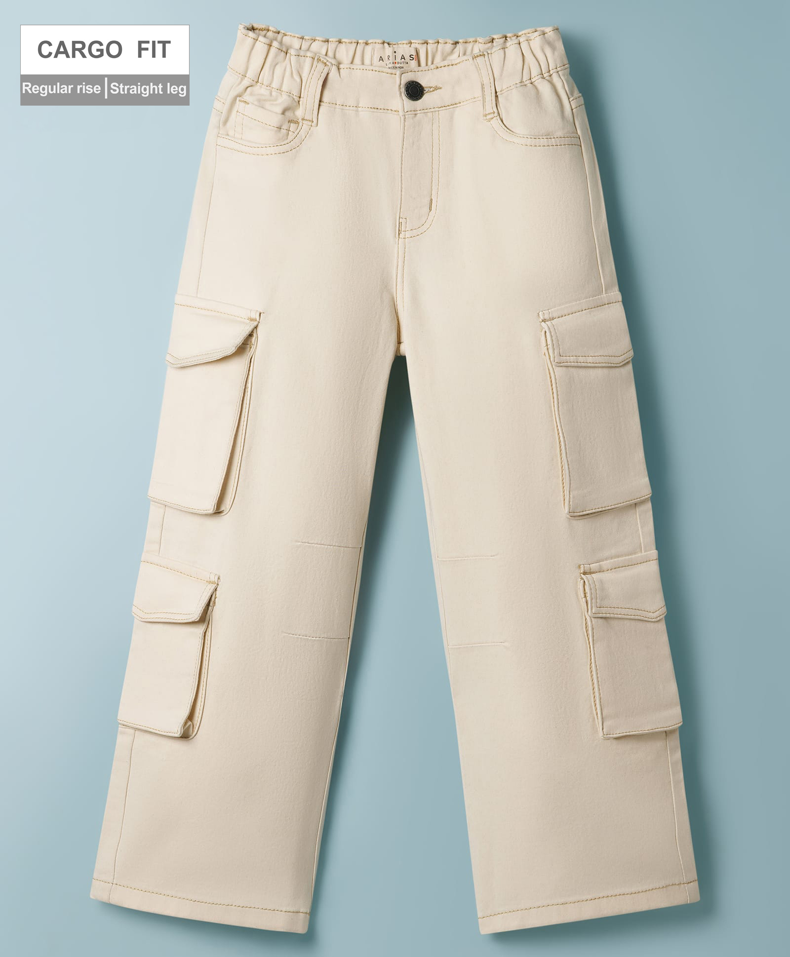 Arias Cotton Elastane Woven Overdyed Wide leg Full Length Jeans With Cargo Pockets -Beige-image-38