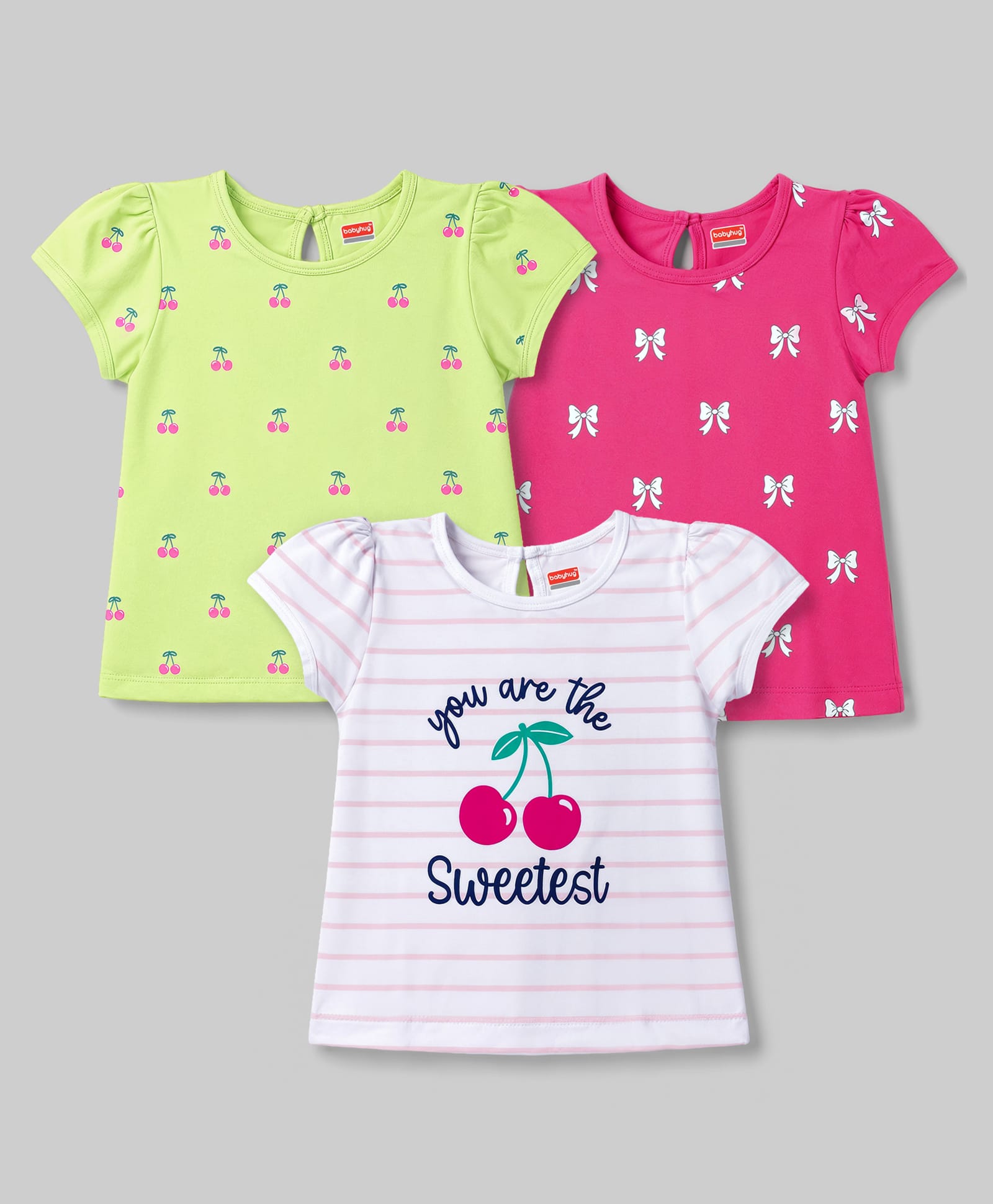 Babyhug 100% Cotton Knit Half Sleeves Striped Bow & Cherry Printed T-Shirts Pack Of 3 - Dark Pink White & Lime Green-image-23