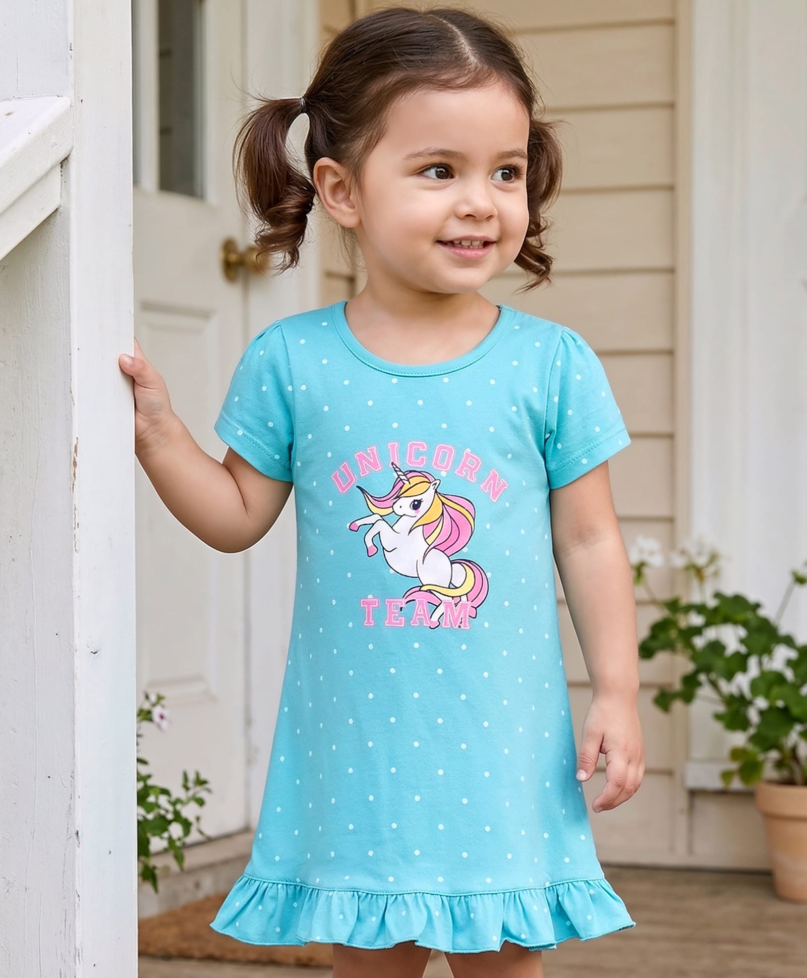 Babyhug Cotton Knit Half Sleeves Polka Dots & Unicorn Printed Nighty - Light Blue-image-16