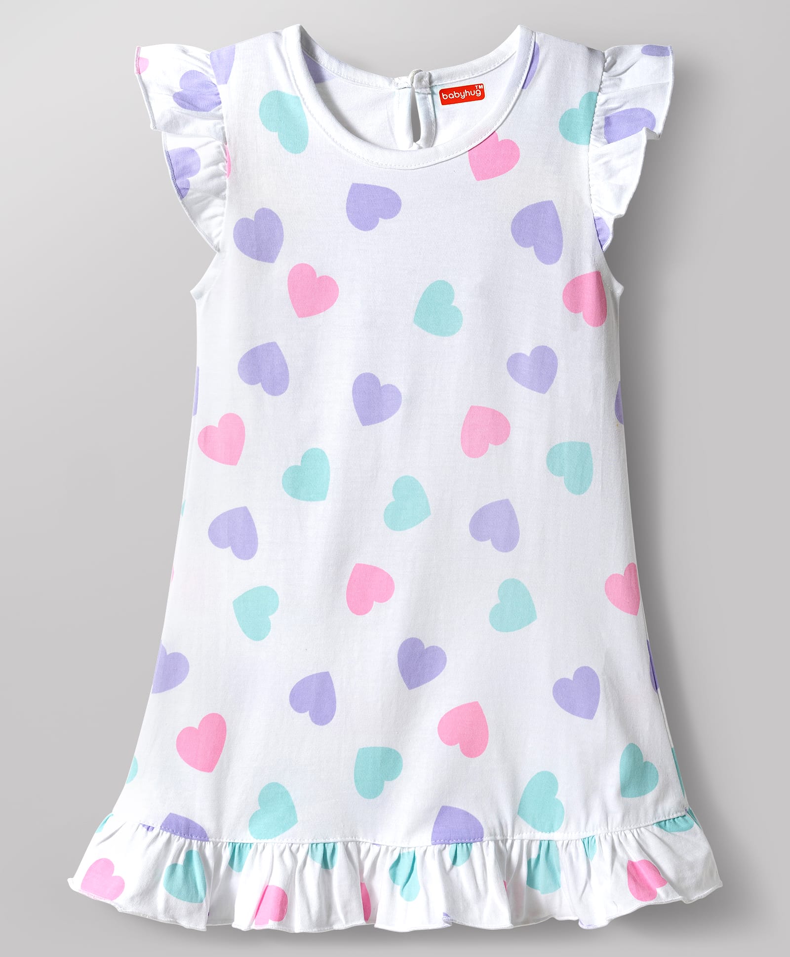 Babyhug Cotton Knit Frill Sleeves Hearts Printed Nighty - White-picture-23