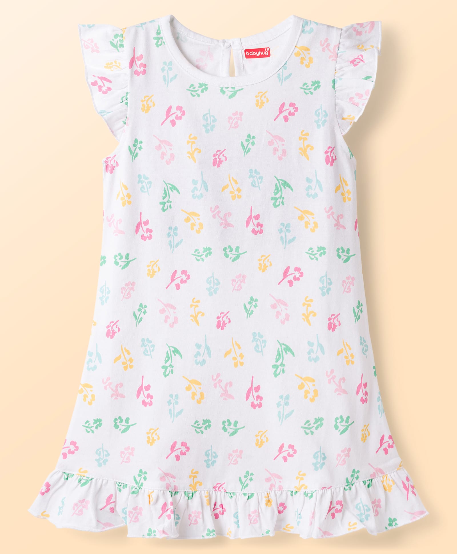 Babyhug Cotton Knit Half Sleeves Floral Printed Nighty - White-image-43