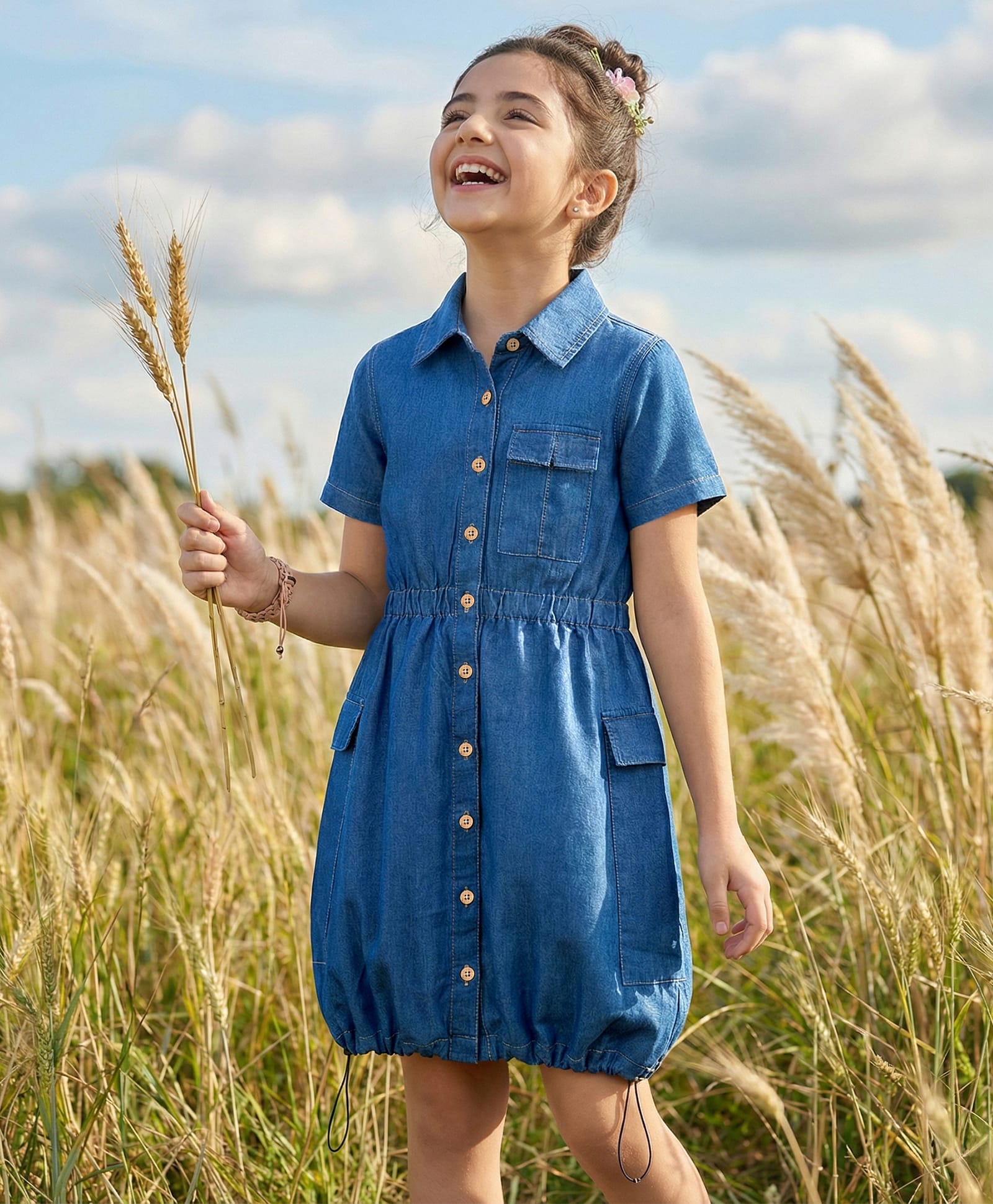 arias by lara dutta Arias Half Sleeves Cotton Woven Solid Color Denim Dress With Cargo Pockets - Blue-picture-15