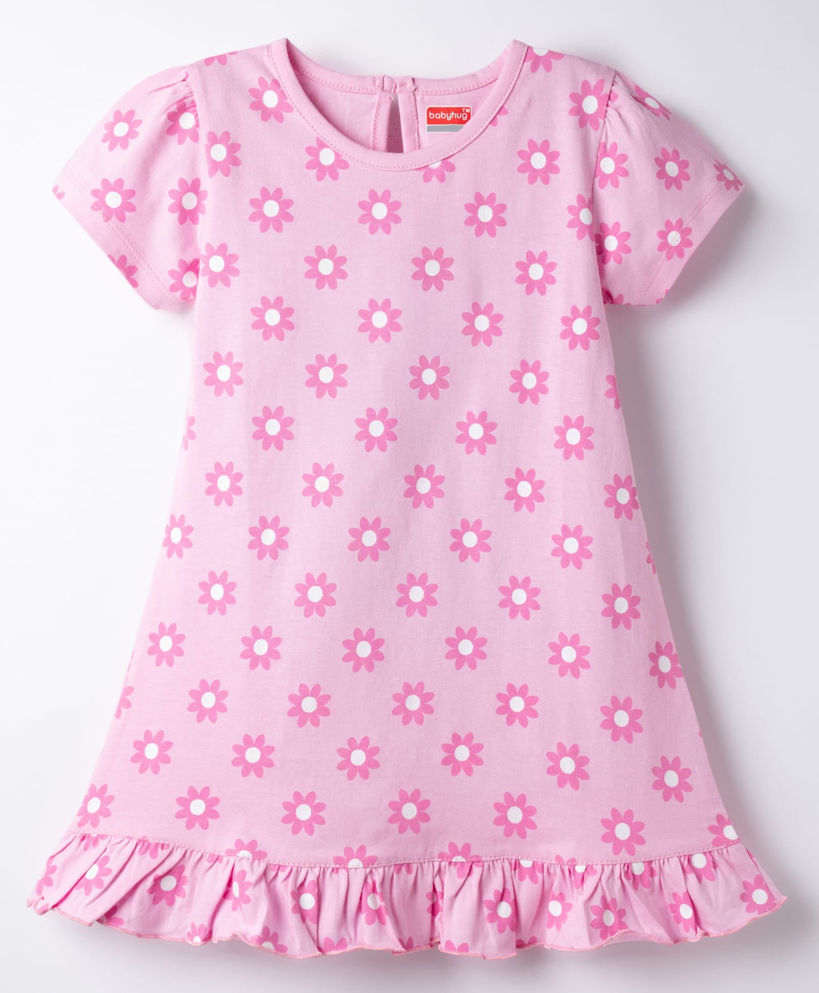 Babyhug Cotton Knit Half Sleeves Floral Printed Nighty - Pink-image-36