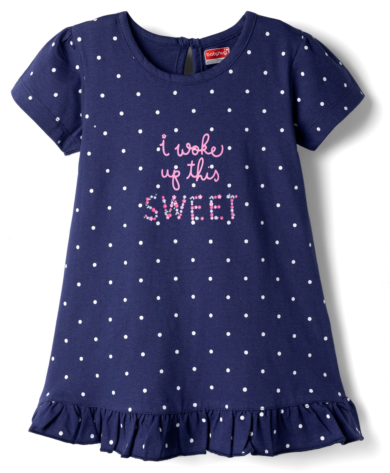 Babyhug Cotton Knit Half Sleeves Nighty with Polka Dot Print - Navy Blue-image-2