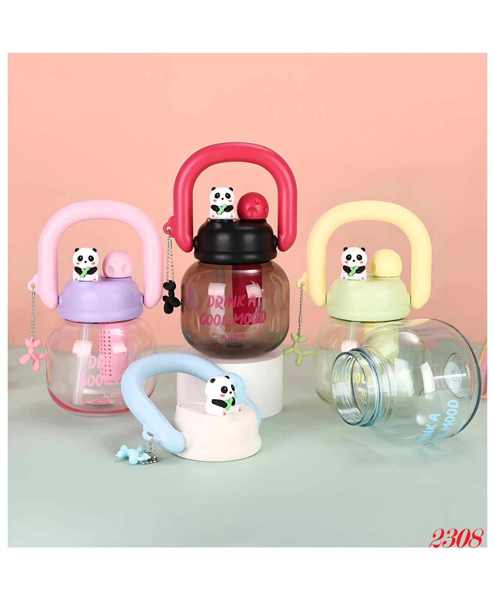 Flaze Cute Big Kettle Design Plastic Water Bottle Panda and Heart Shaped Cap on Direct Mouth Bottle 800 ml - Pack of 1 - ( Color May Vary )-image-2