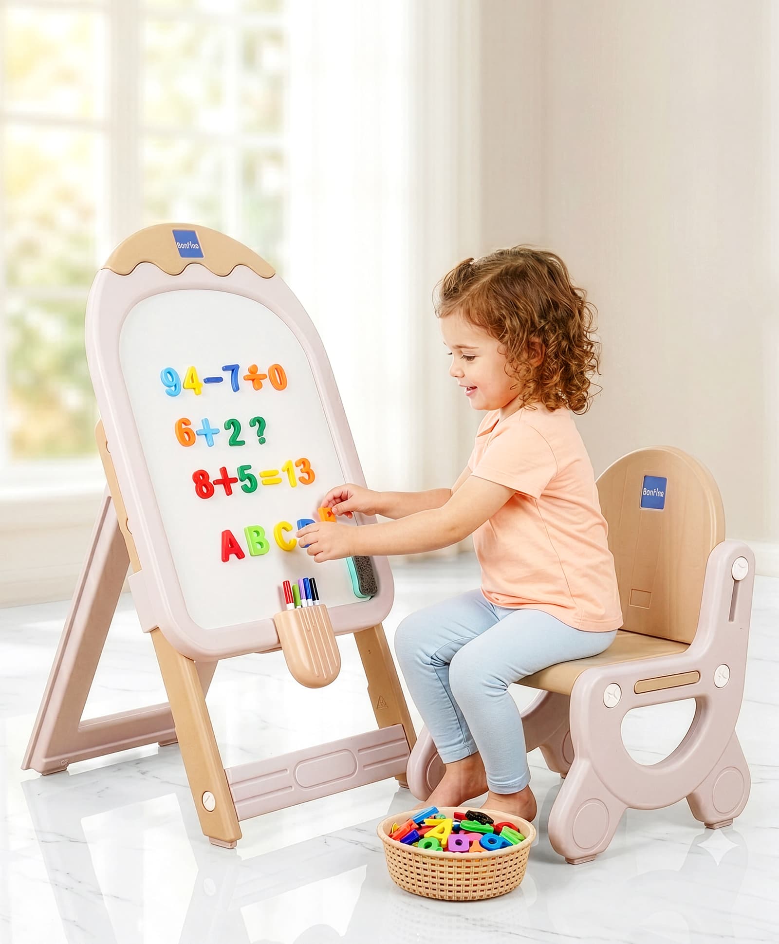 Bonfino Candy Shape Easel Board with Chair for Kids| Drawing Activity Board Stationery Storage Basket, Magnetic Numbers & Colorful Markers|Multifunctional|Foldable & Adjustable Height|2-10 Years Kids-image-42