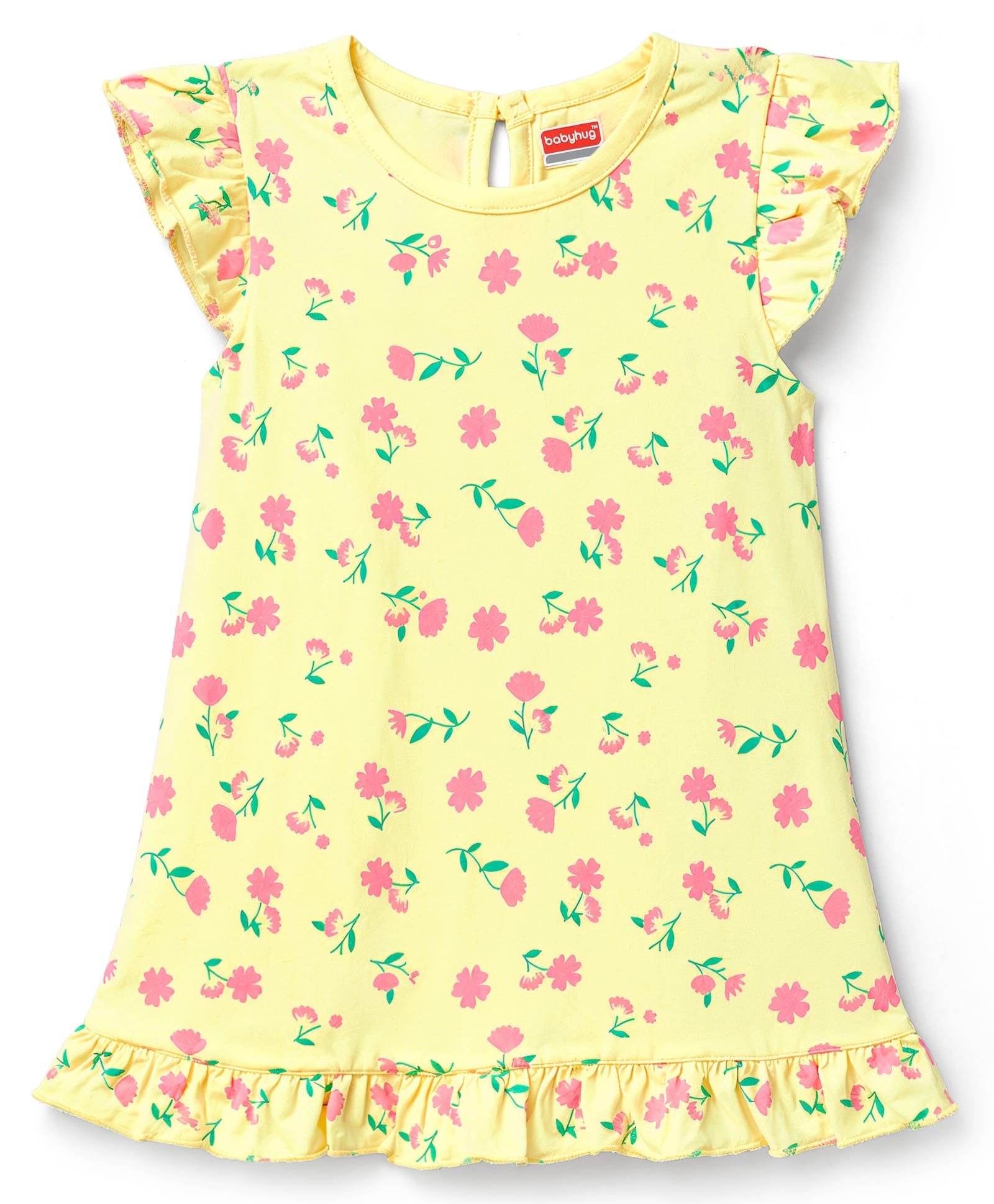 Babyhug Cotton Knit Half Sleeves Floral Printed Nighty - Yellow-image-35
