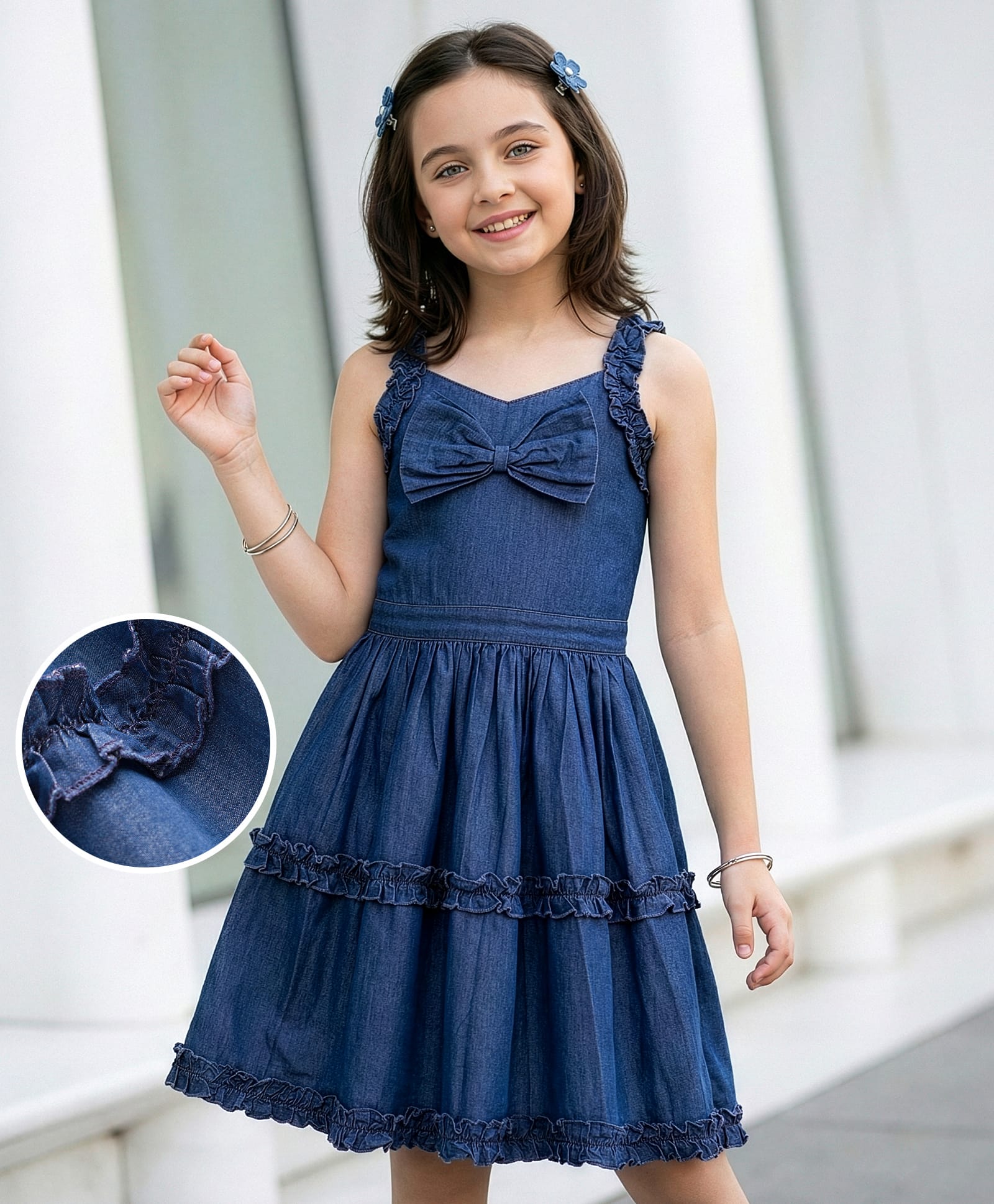 Arias Cotton Woven Sleeveless Denim Dress with Bow Applique & Frill Detailing - Blue