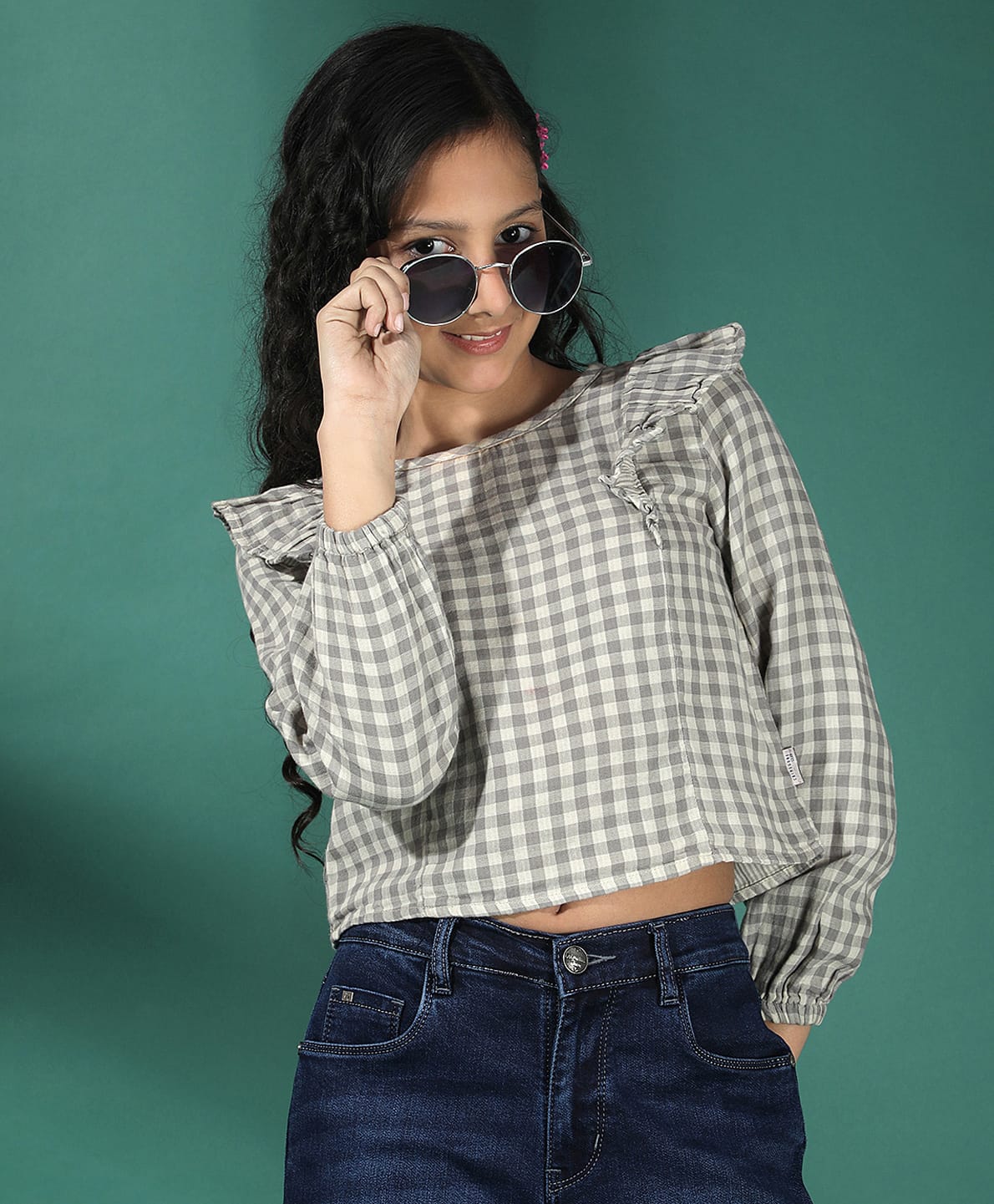 CRIMSOUNE CLUB Cotton Woven Full Sleeves Gingham Checked Frill Detailed Top - Grey-picture-32
