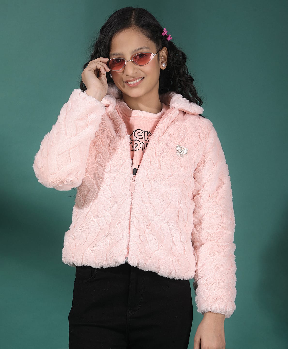 CRIMSOUNE CLUB Woven Full Sleeves Fur Detailed Solid Light Winter Jacket - Pink-picture-22