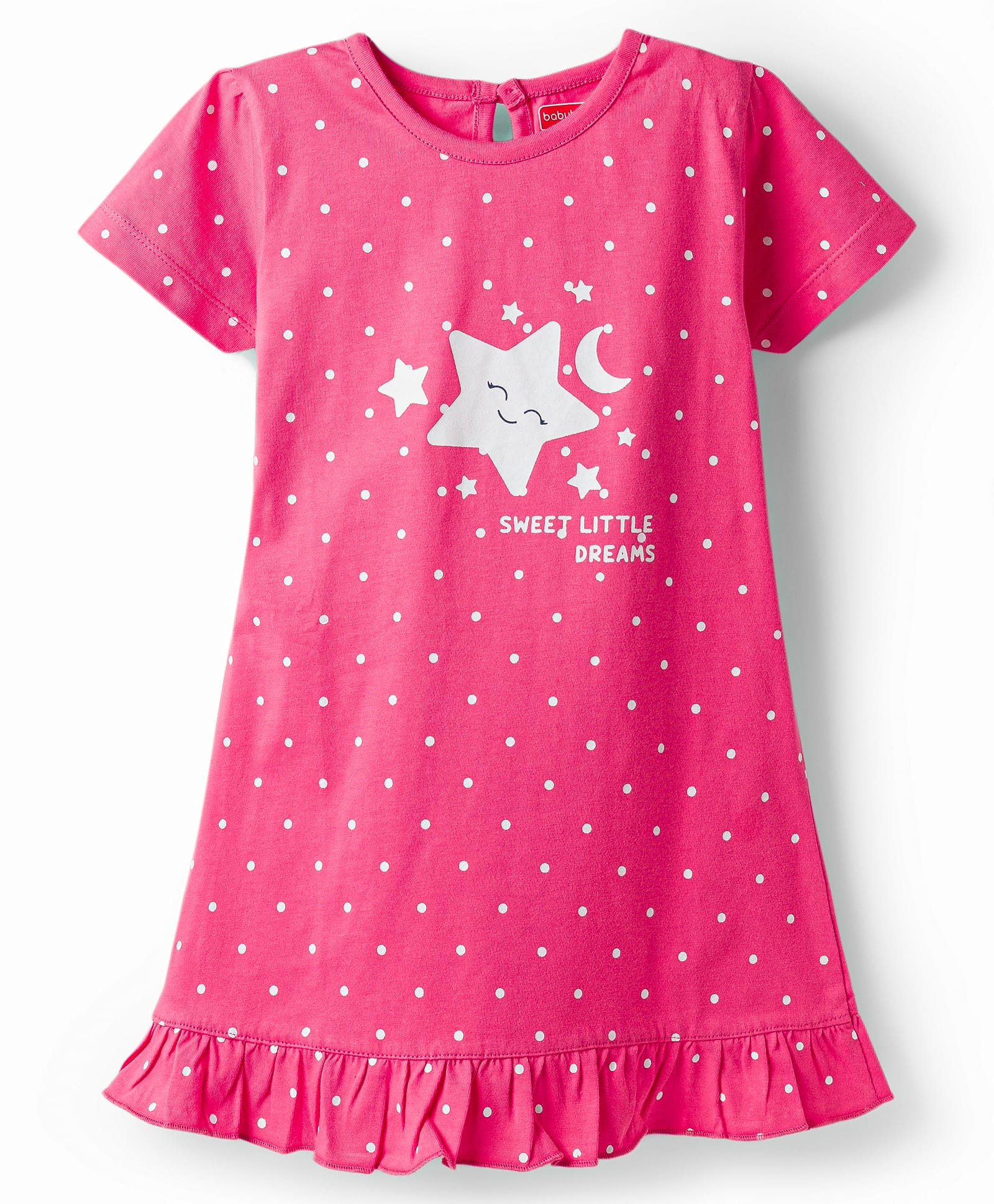 Babyhug Cotton Knit Half Sleeves Nighty With Star & Polka Dots Print - Pink-image-10