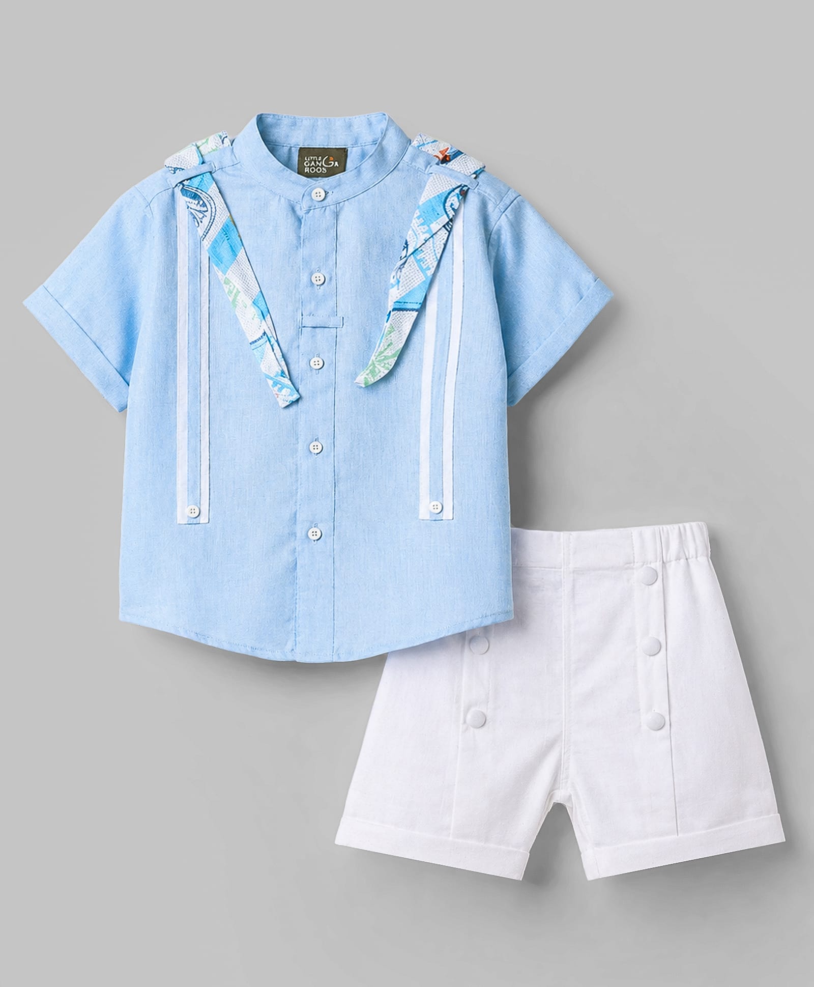 Little Kangaroos Cotton Woven Half Sleeves Striped Shirt & Shorts Set With Beach Theme Printed Scarf-Light Blue-picture-13