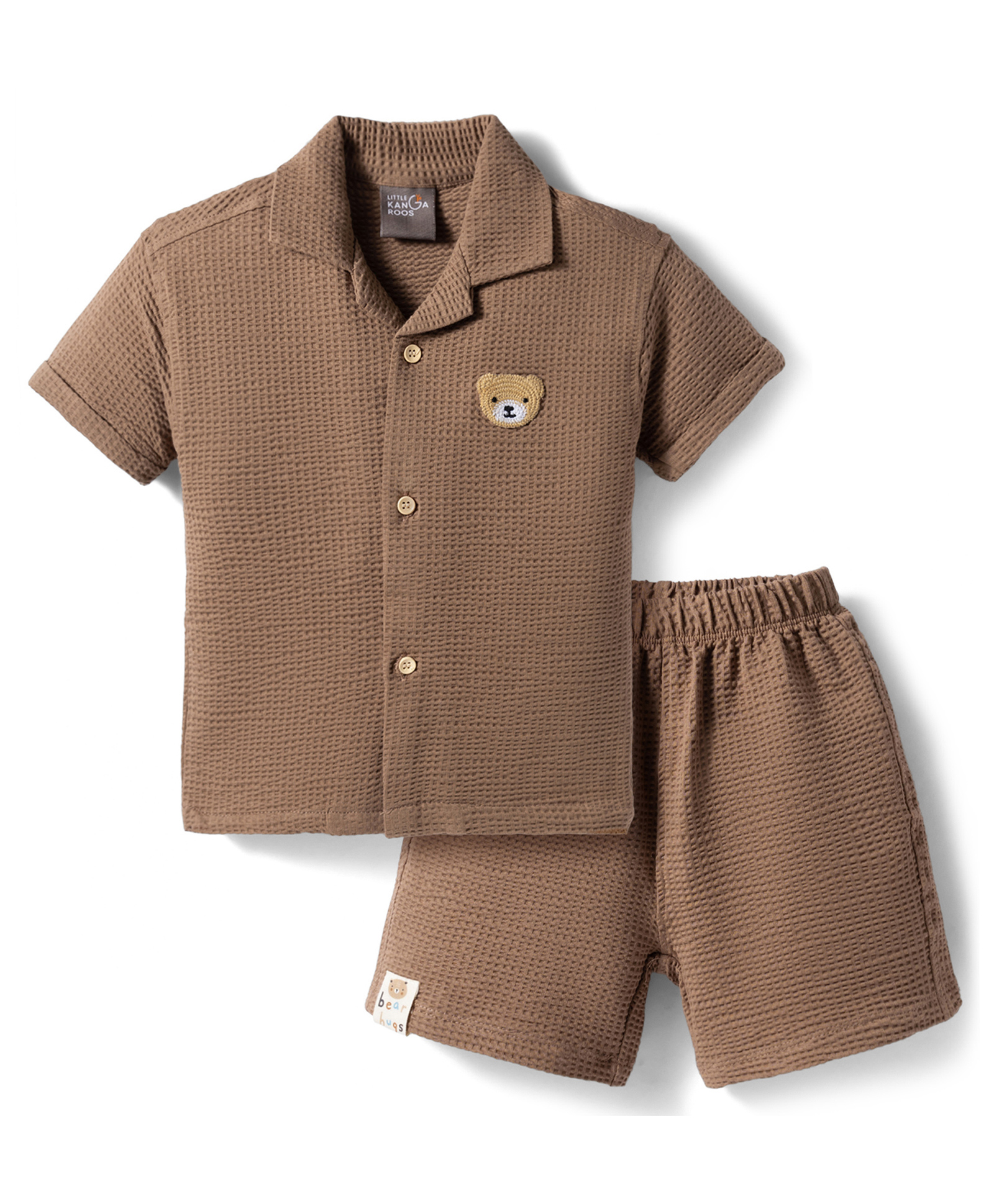 Little Kangaroos Cotton Woven Half Sleeves Shirt & Shorts Set with Teddy Bear Patch - Blue-picture-27
