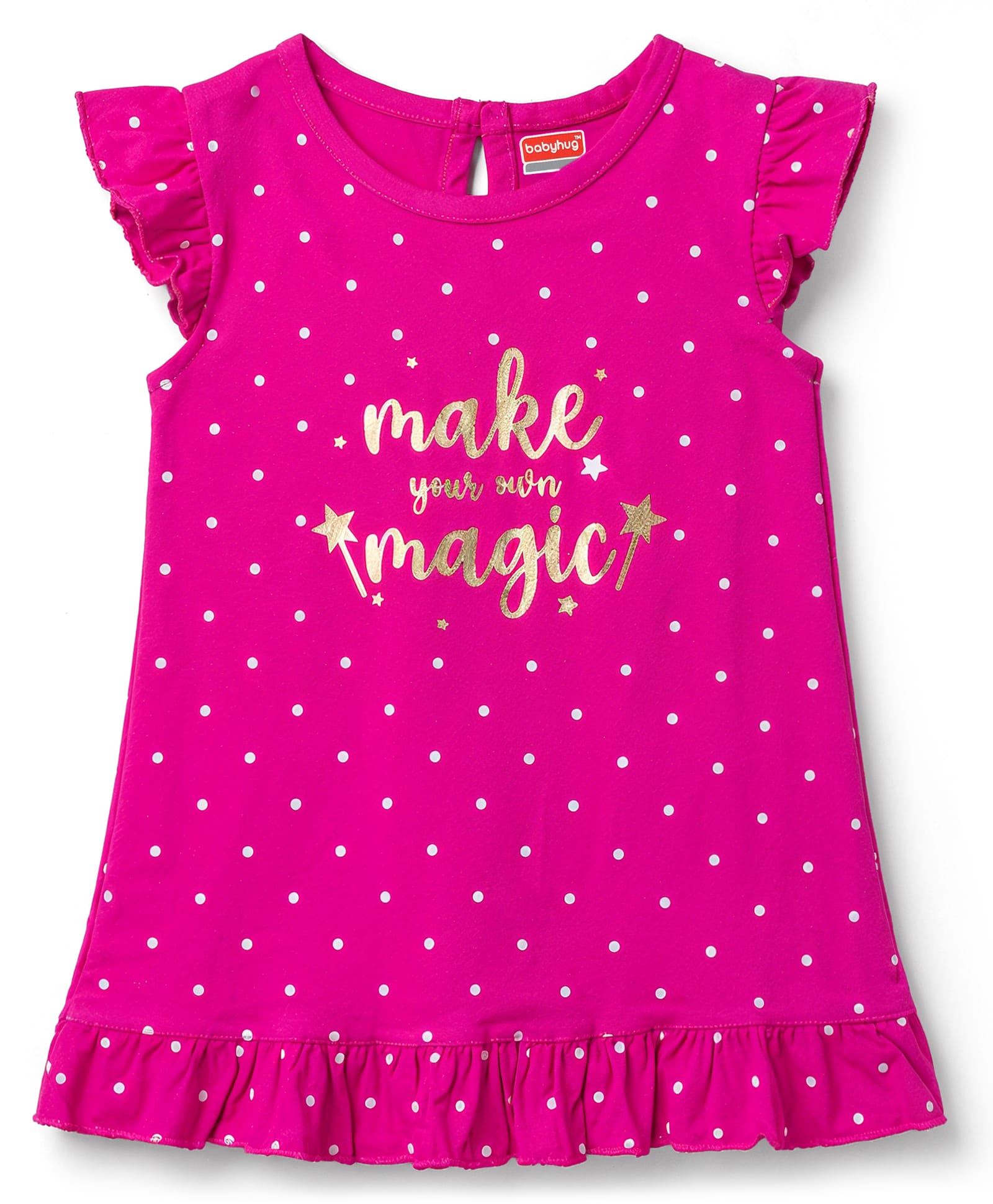 Babyhug Cotton Knit Half Sleeves Polka Dots & Foil Printed Nighty - Red-image-25