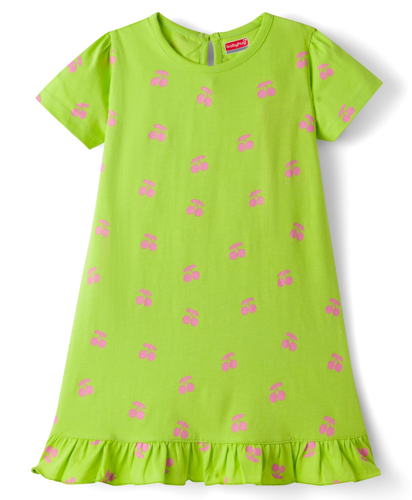 Babyhug Cotton Knit Half Sleeves Nighty With Cherry Print - Green-image-3