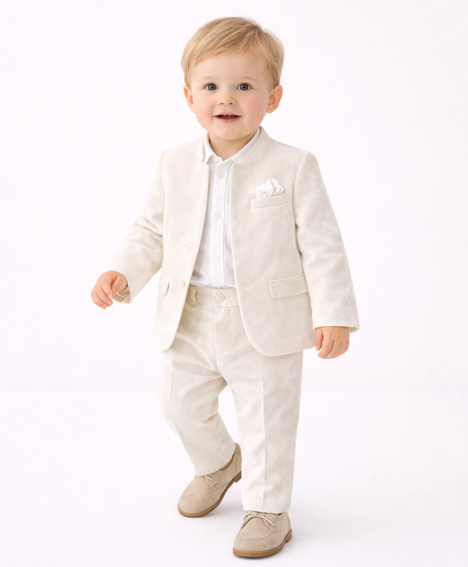 Spool Junior Velvet Woven Full Sleeves Solid 3 Piece Party Suit - Cream