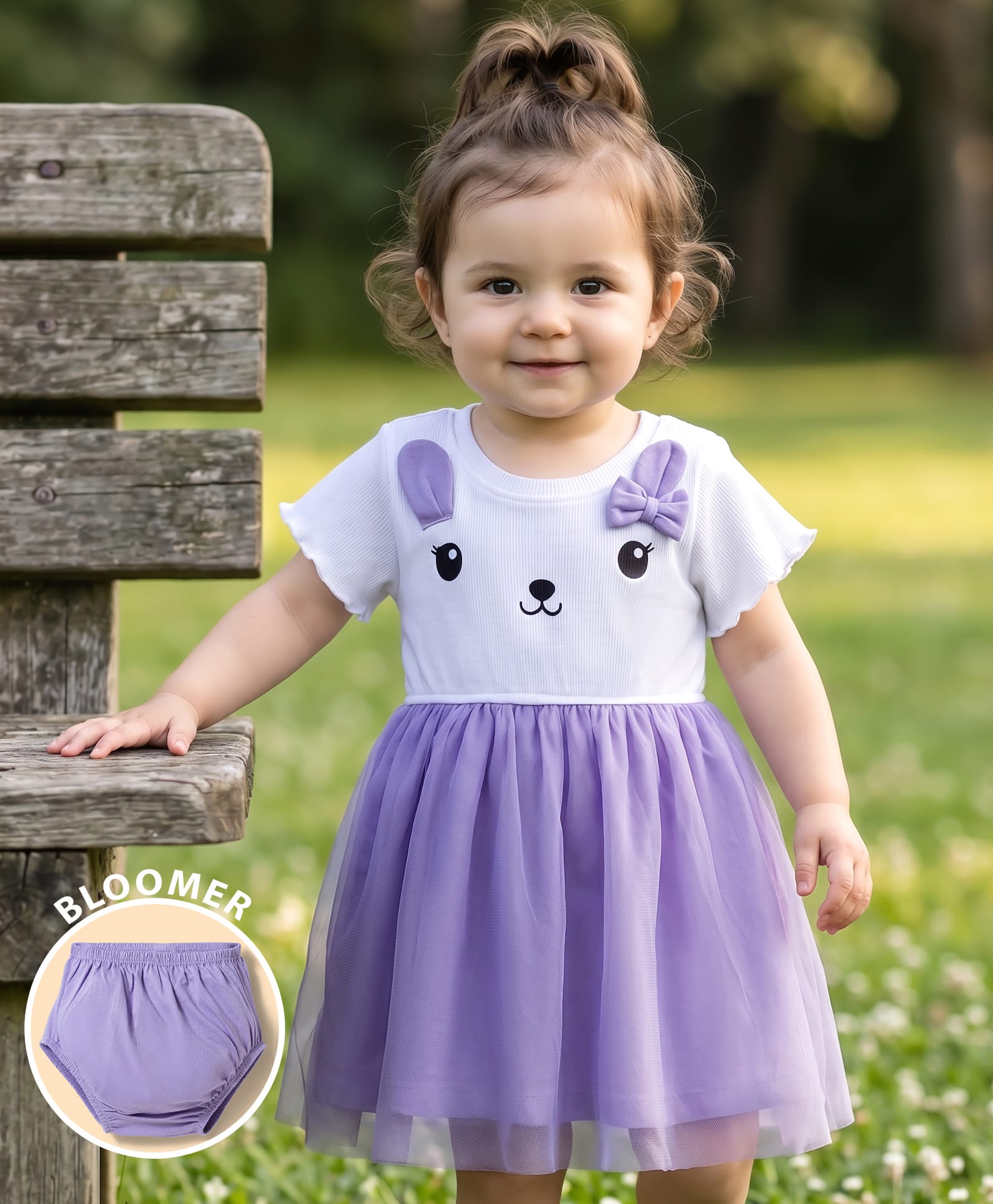 Babyhug Cotton Knit Frocks with Bloomer/Shorts Short Sleeves Round Neck Rabbit Applique Lavender 18-24 Months-image-15