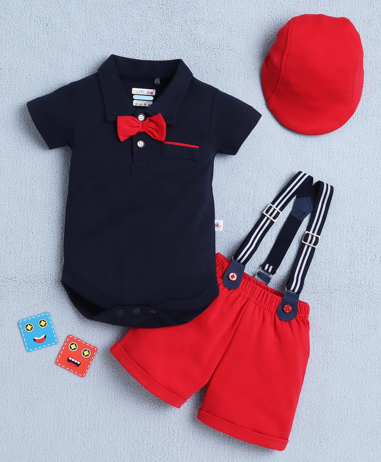 BUMZEE Cotton Knit Half Sleeves Bow Applique Detailed Onesie & Shorts Set With Cap & Suspender - Navy Blue & Red-picture-27