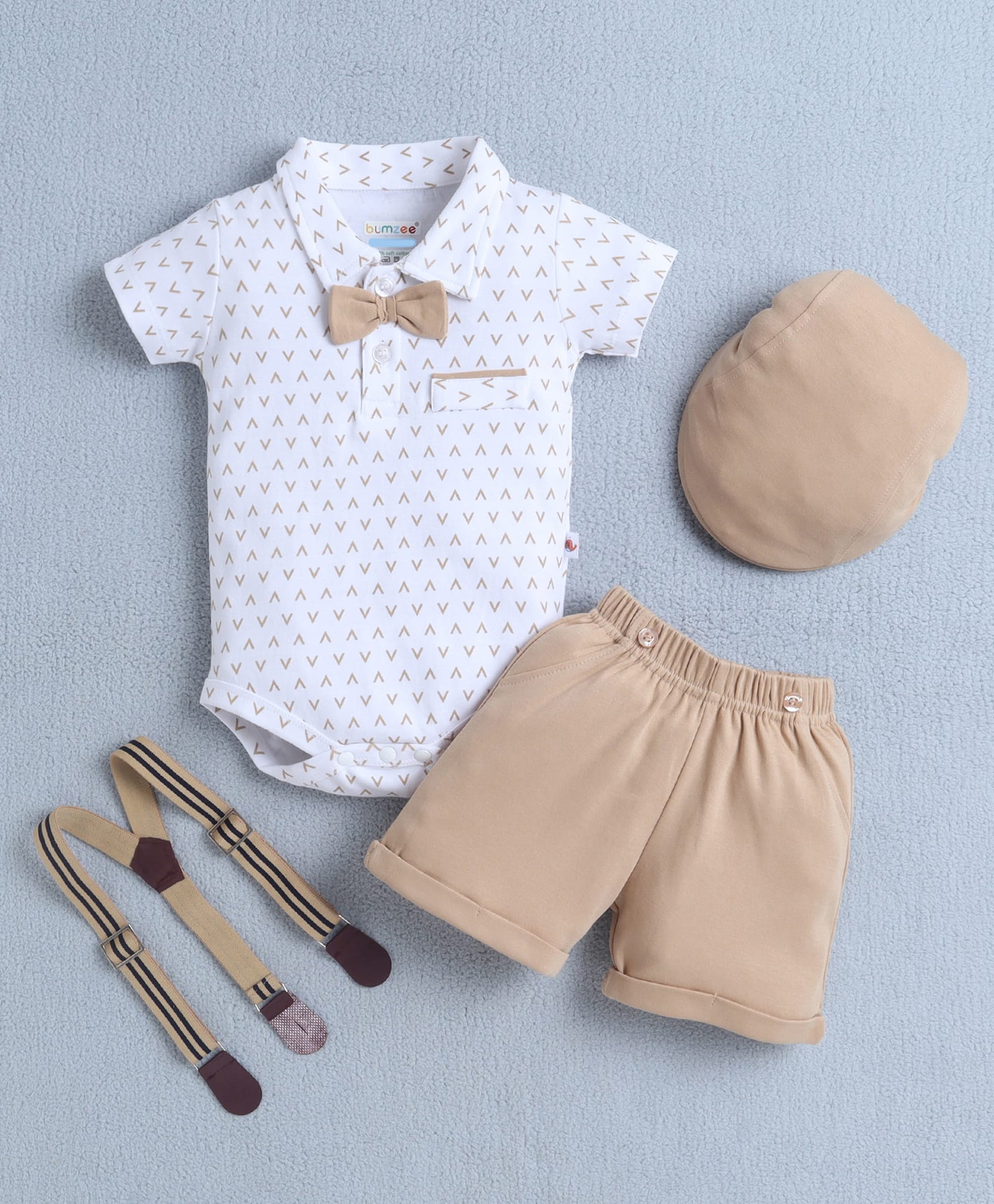 BUMZEE Cotton Knit Half Sleeves Abstract Printed Onesie & Shorts Set With Cap & Suspender - White & Beige-picture-14