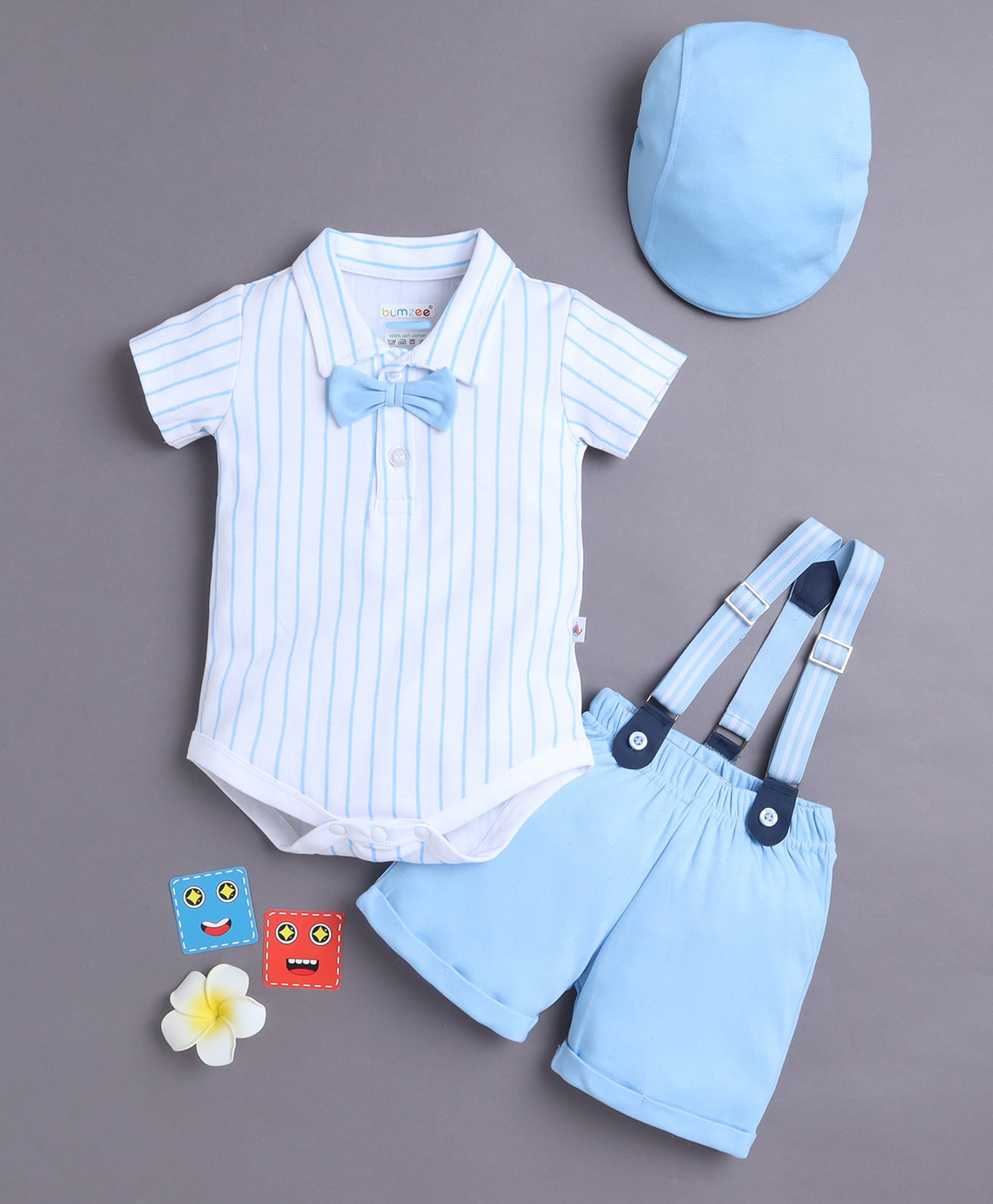 BUMZEE Cotton Knit Half Sleeves Striped Onesie & Shorts Set With Cap & Suspender - White & Sky Blue-picture-22