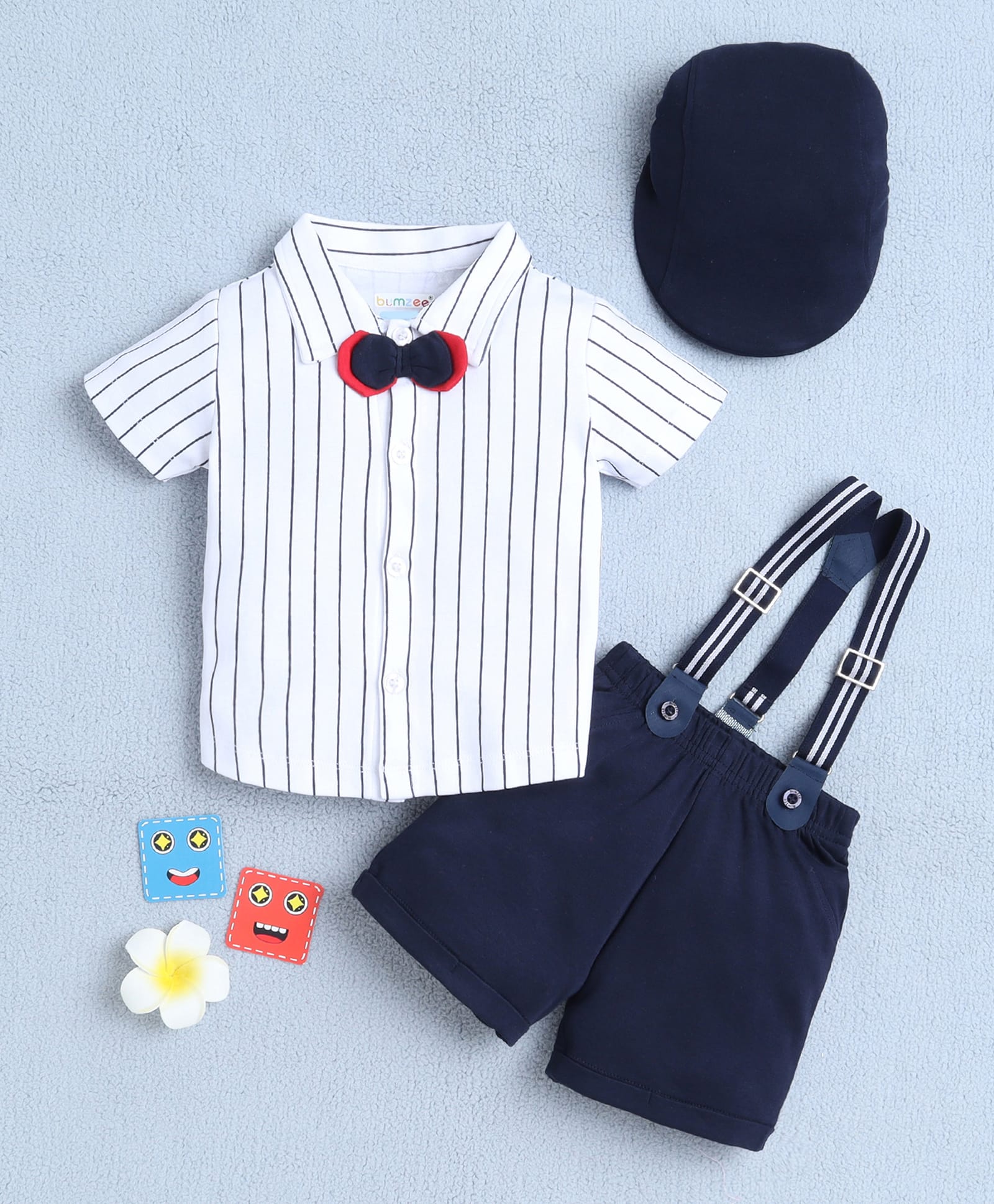 BUMZEE Cotton Knit Half Sleeves Striped Shirt & Shorts Set With Cap & Suspender - White & Navy-image-32