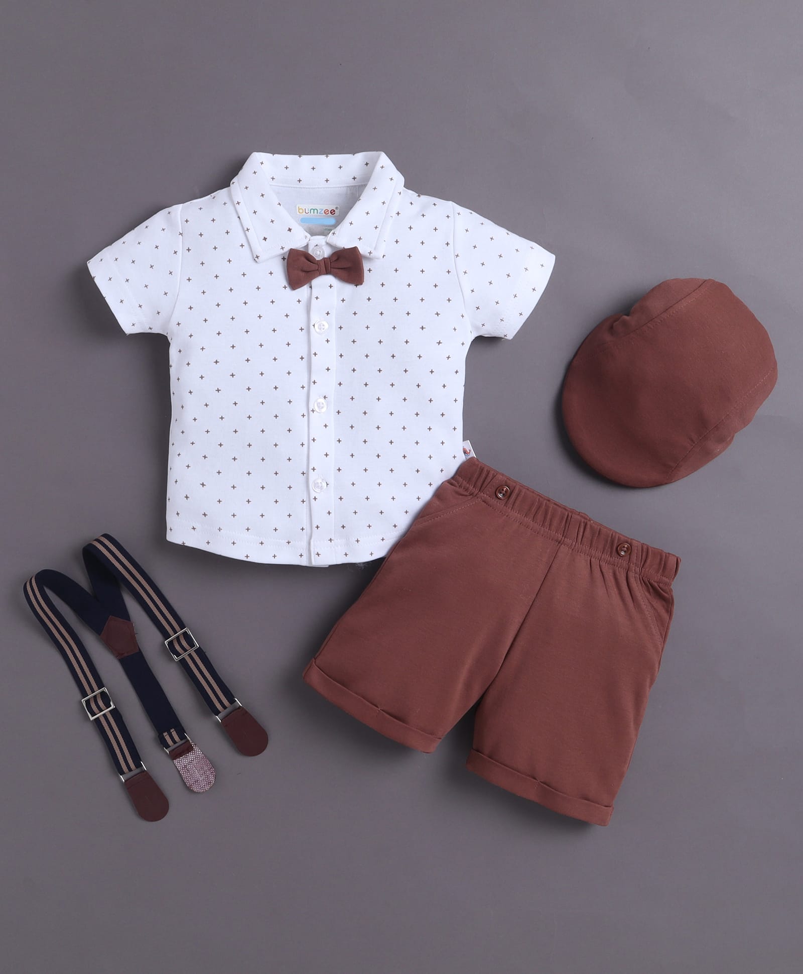 BUMZEE Cotton Half Sleeves Vertical Abstract Printed Shirt & Shorts With Suspender Bow & Cap Set - White & Brown-image-25
