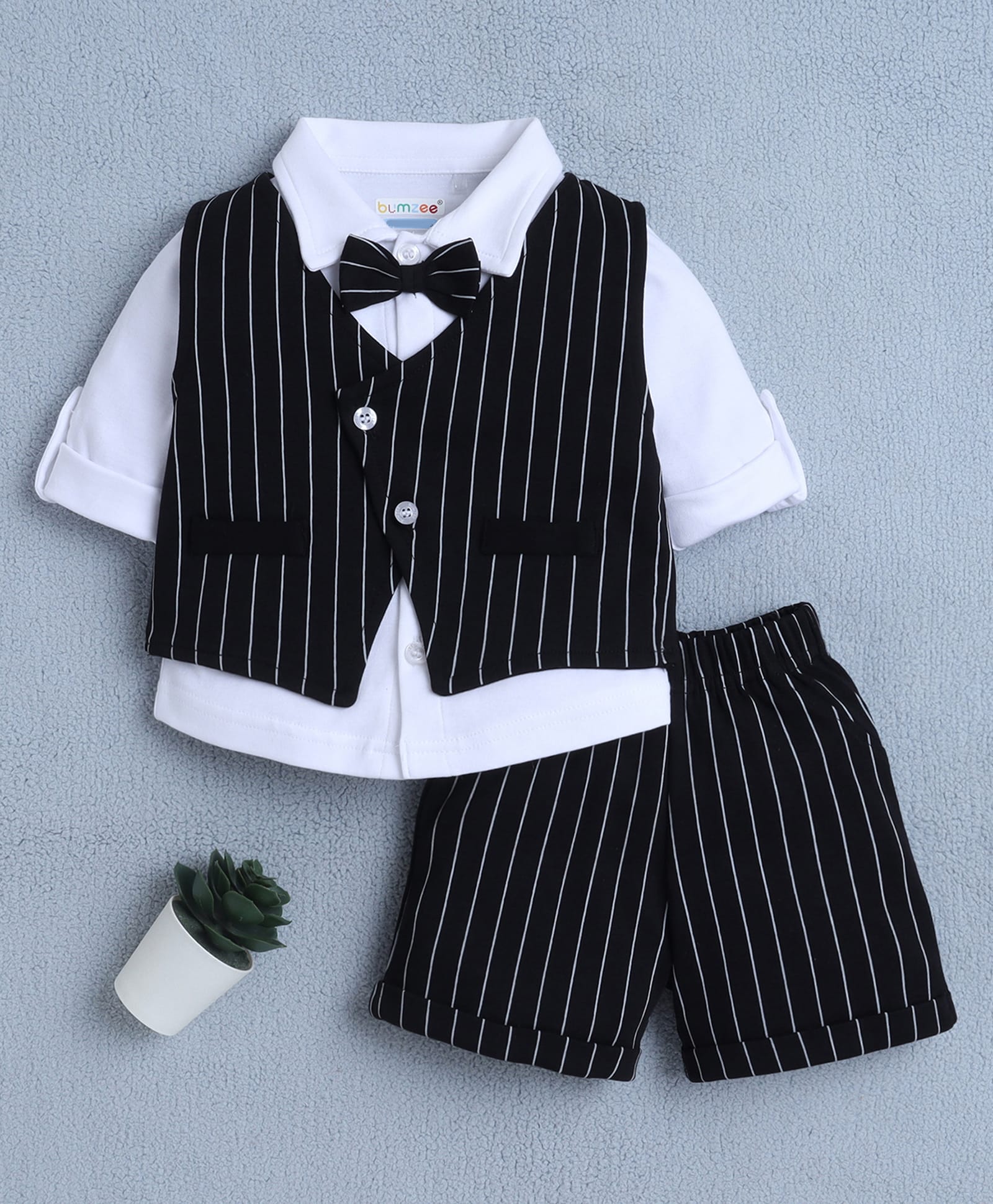 BUMZEE Cotton Knit Full Sleeves Striped 3 Piece Party Suit Set With Attached Bow - White & Black-image-36