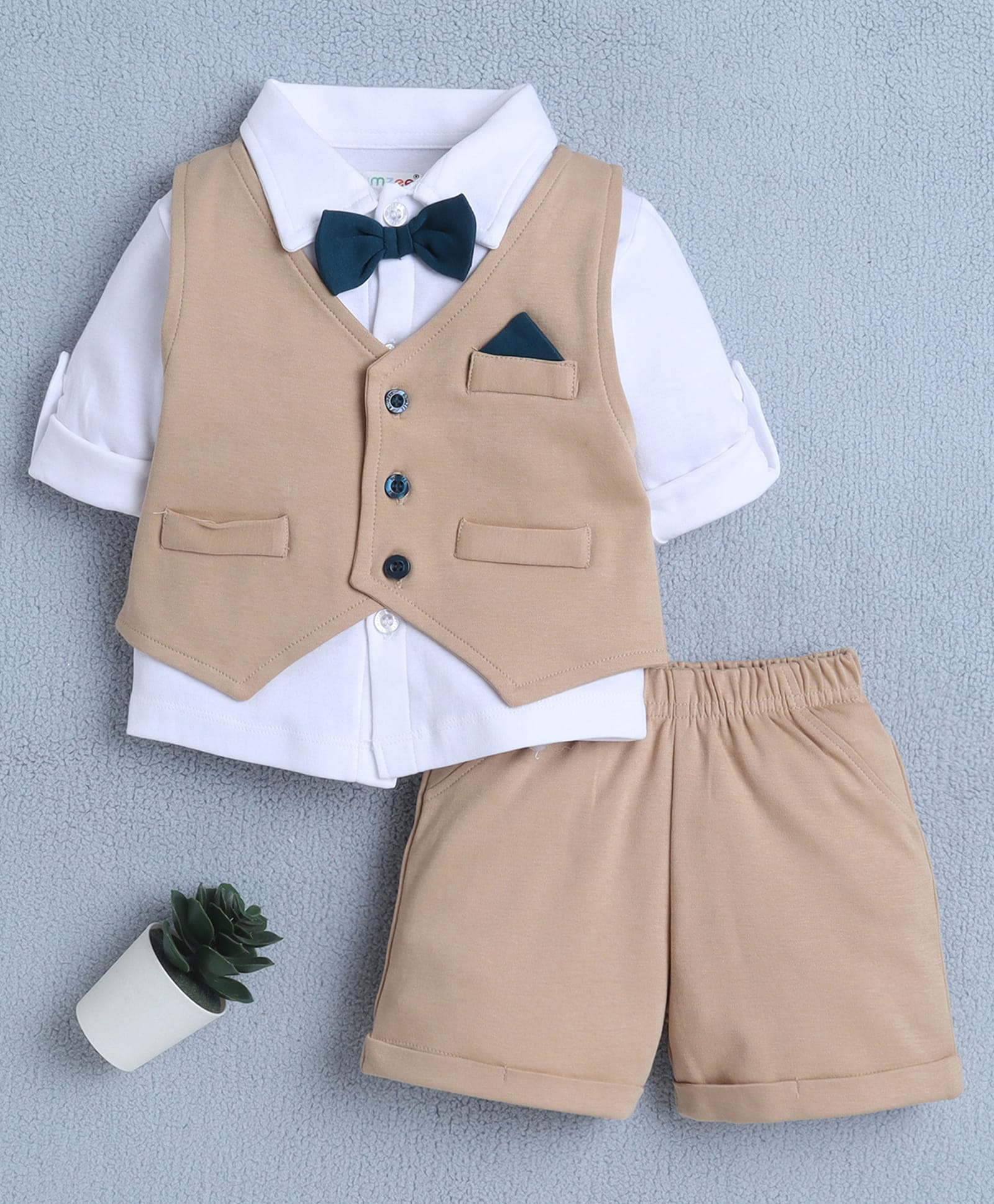 BUMZEE Cotton Knit Full Sleeves Striped 3 Piece Party Suit Set With Attached Bow - Beige & White-image-28