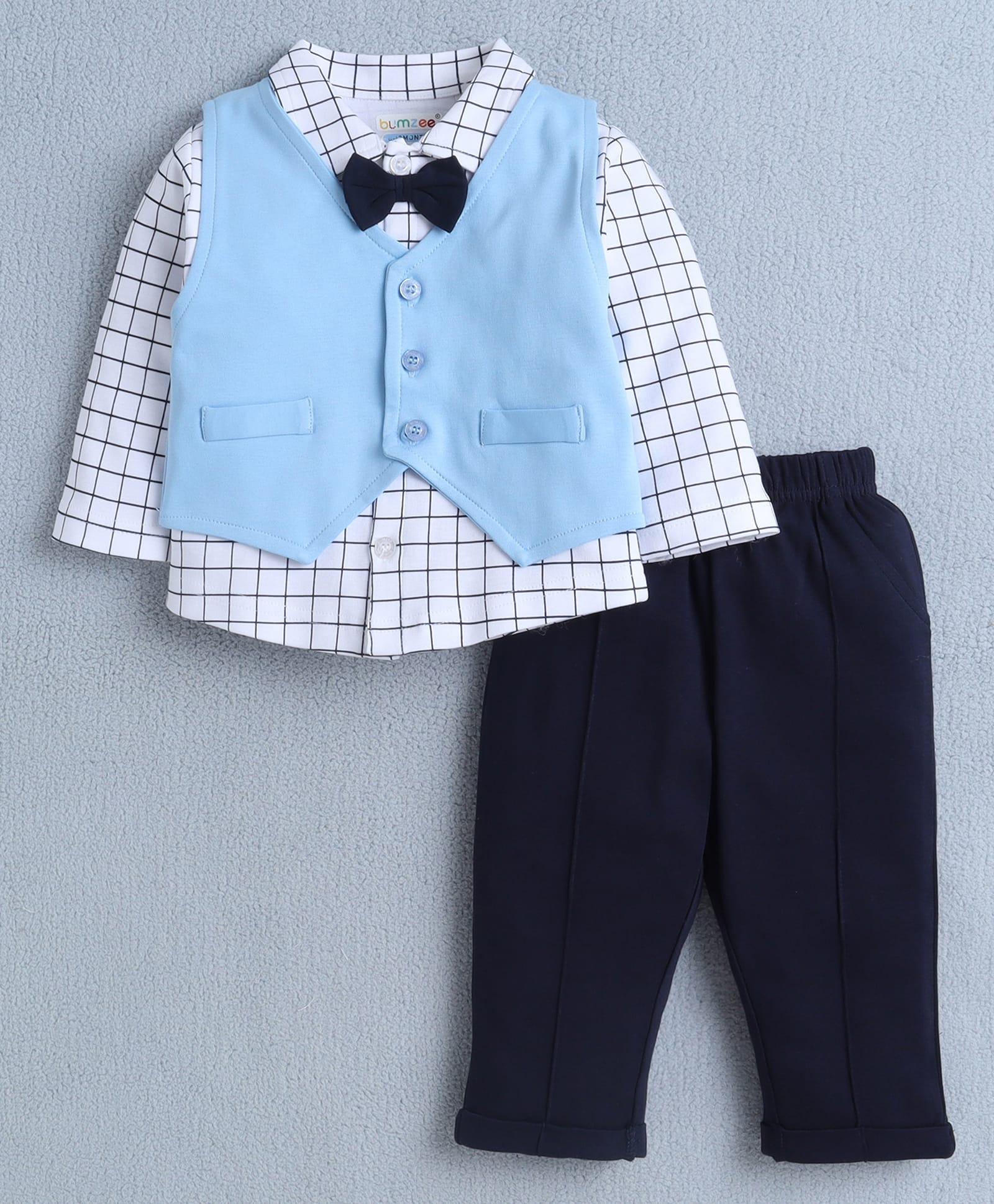 BUMZEE Cotton Knit Full Sleeves Checked 3 Piece Party Suit Set With Attached Bow - White & Navy-image-43