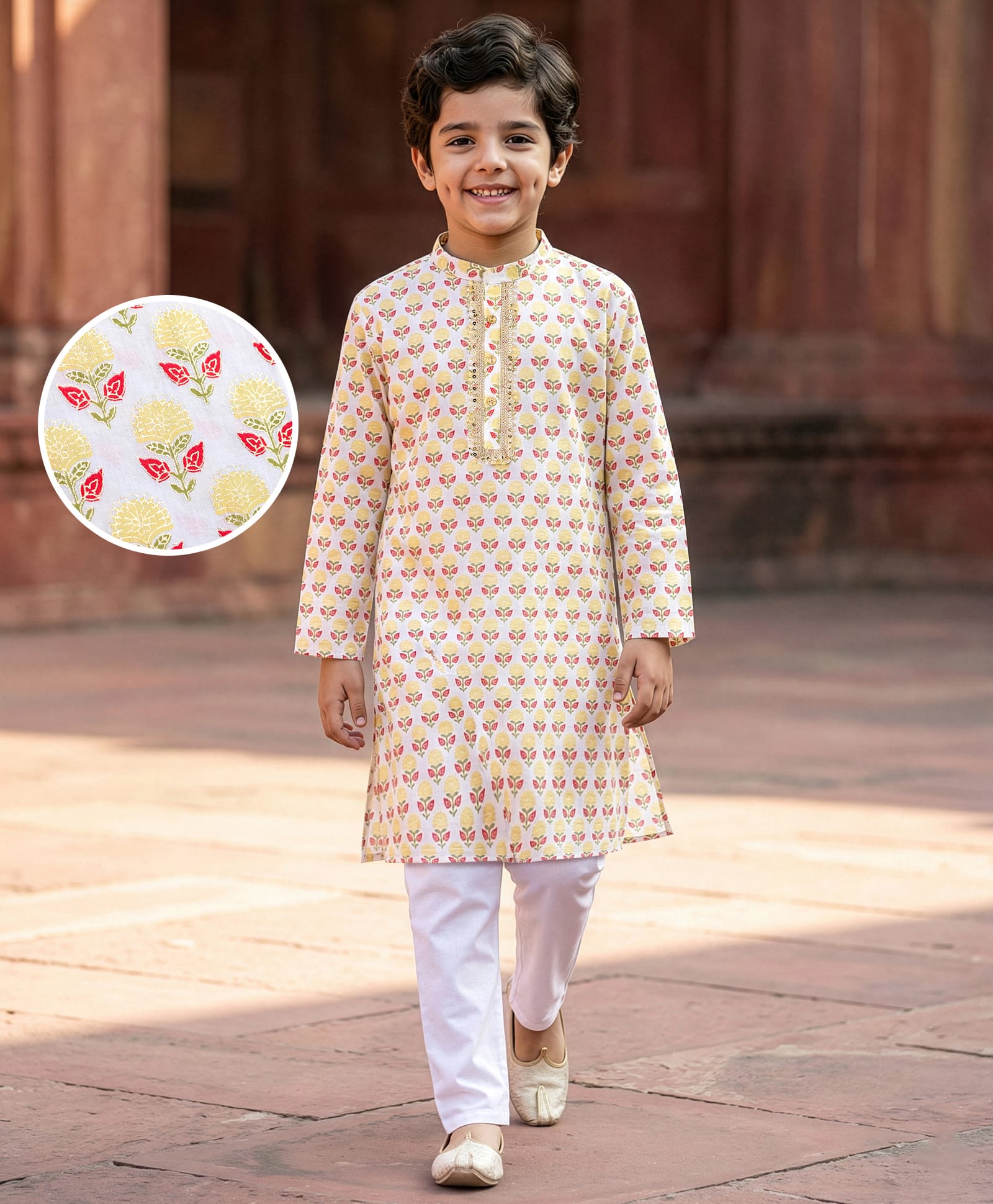 EARTHY TOUCH Cotton Woven Full Sleeves Kurta Pyjama Set With Floral Foil Print & Sequin Detailing - Off White-picture-10